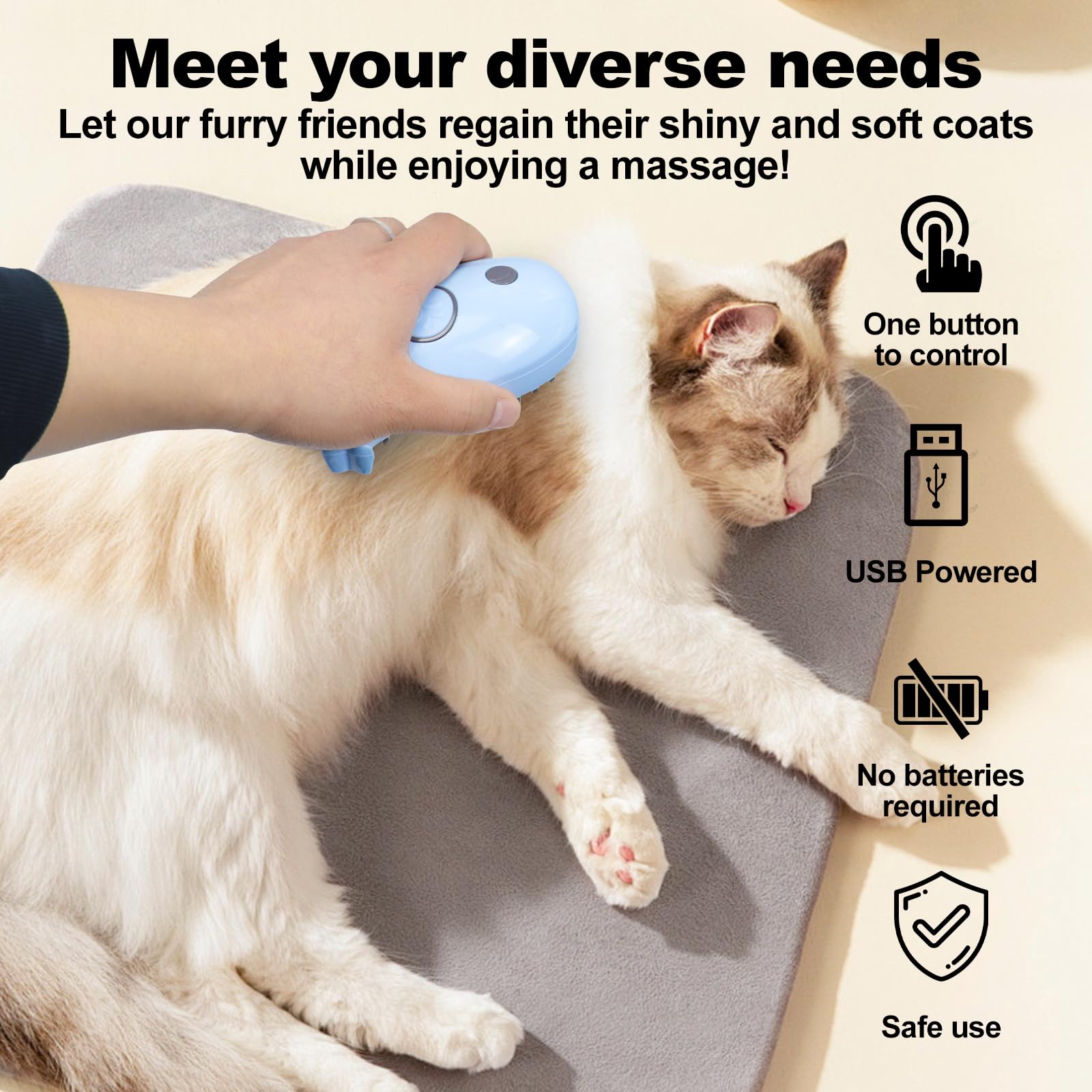 Rechargeable Cat Steam Brush - 3-in-1 Pet Grooming Tool for Shedding & Hair Removal - Perfect for Cats & Horses at Home