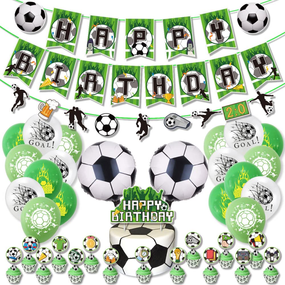 EastVita Soccer Birthday Party Decorations Kit - 1 Happy Birthday Banner, 2 Ribbons, 16 Cake Toppers & 20 Soccer Balloons for Kids World Cup Themed Parties - Perfect for Birthday Celebrations, Football Fan Events & Sports-Themed Decor