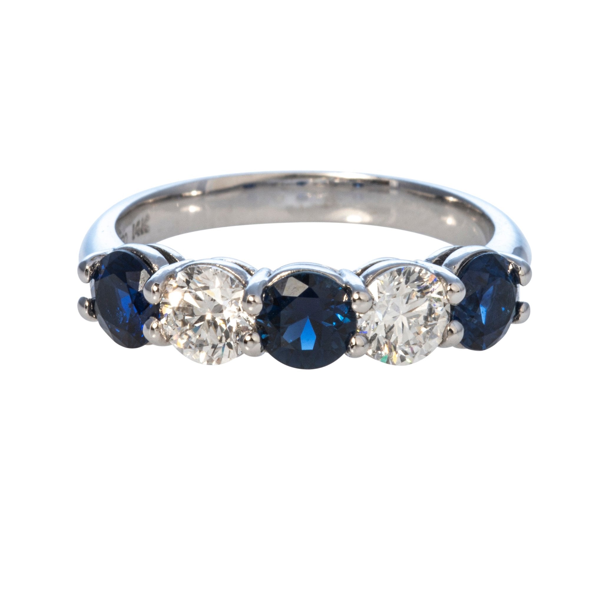 14K White Gold Round Sapphire & Diamond 5 Stone Ring for Women - Elegant Wedding Band, Anniversary Gift, or Everyday Jewelry