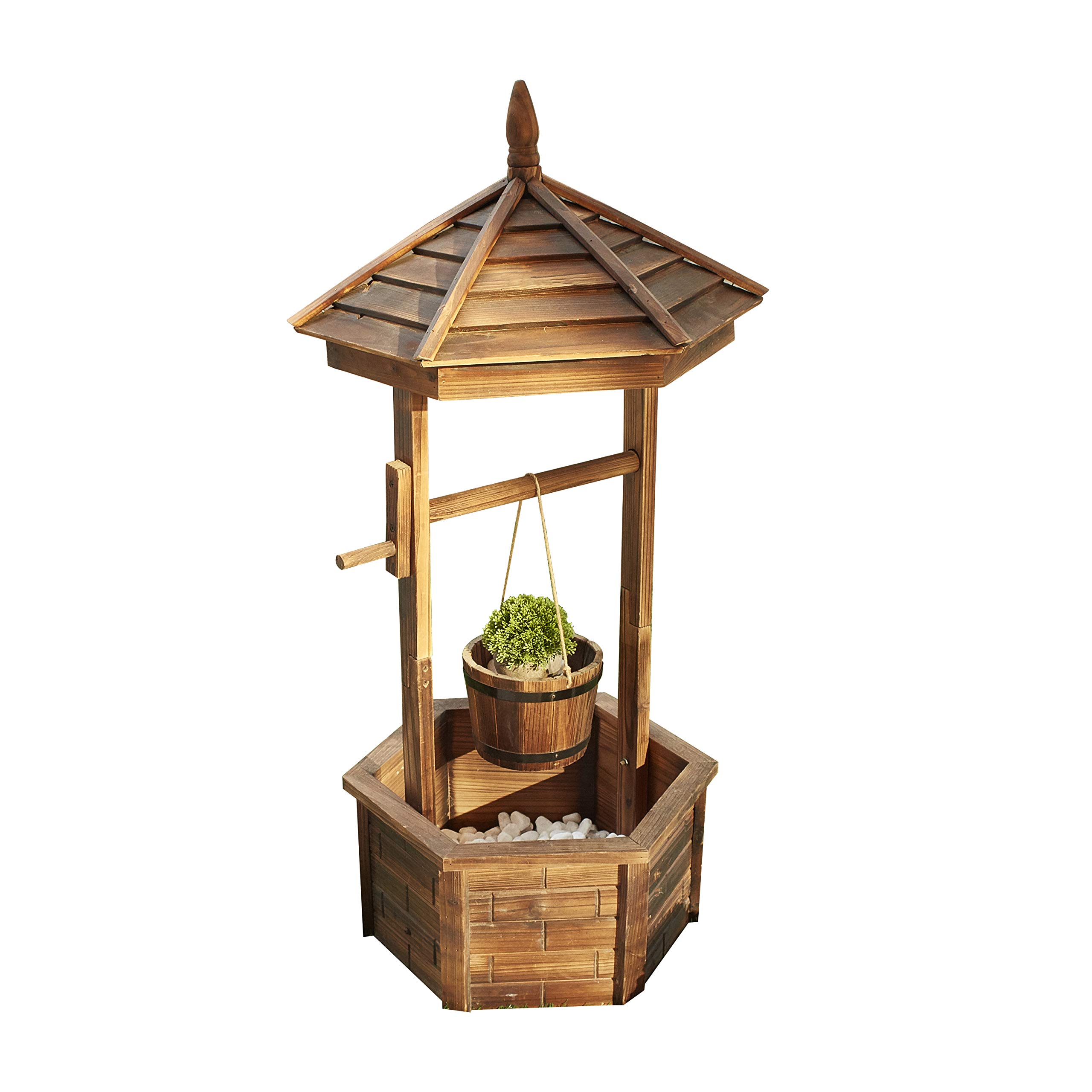 LOKATSE HOME Rustic Wishing Well Planter with Hanging Bucket - Outdoor Wooden Flower Pot for Garden, Patio, Yard Decor - Burnt Finish Cottage Style Planter Box - Perfect for Flowers, Herbs, Succulents and Home Landscaping