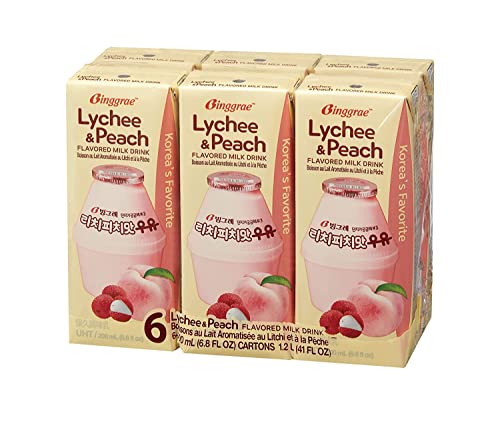 Binggrae Lychee & Peach Flavored Milk Drink - 6 Pack (6.8 fl oz Each) - Total 41 fl oz - Refreshing Beverage for Kids Lunch, School Snacks & On-the-Go Refreshment