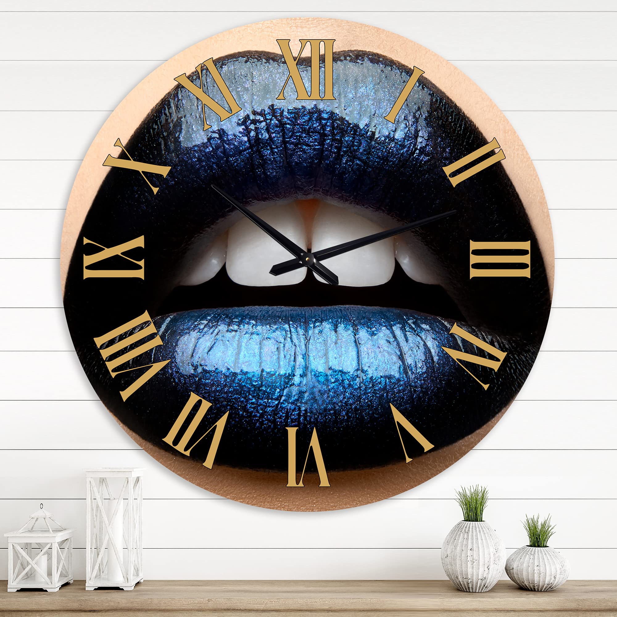 DesignQ Modern Wall Clock - Stylish 'Woman Lips with Black & Blue Lipstick' Art Decor - Large Silent Non-Ticking Clock for Office, Living Room & Bedroom Decor