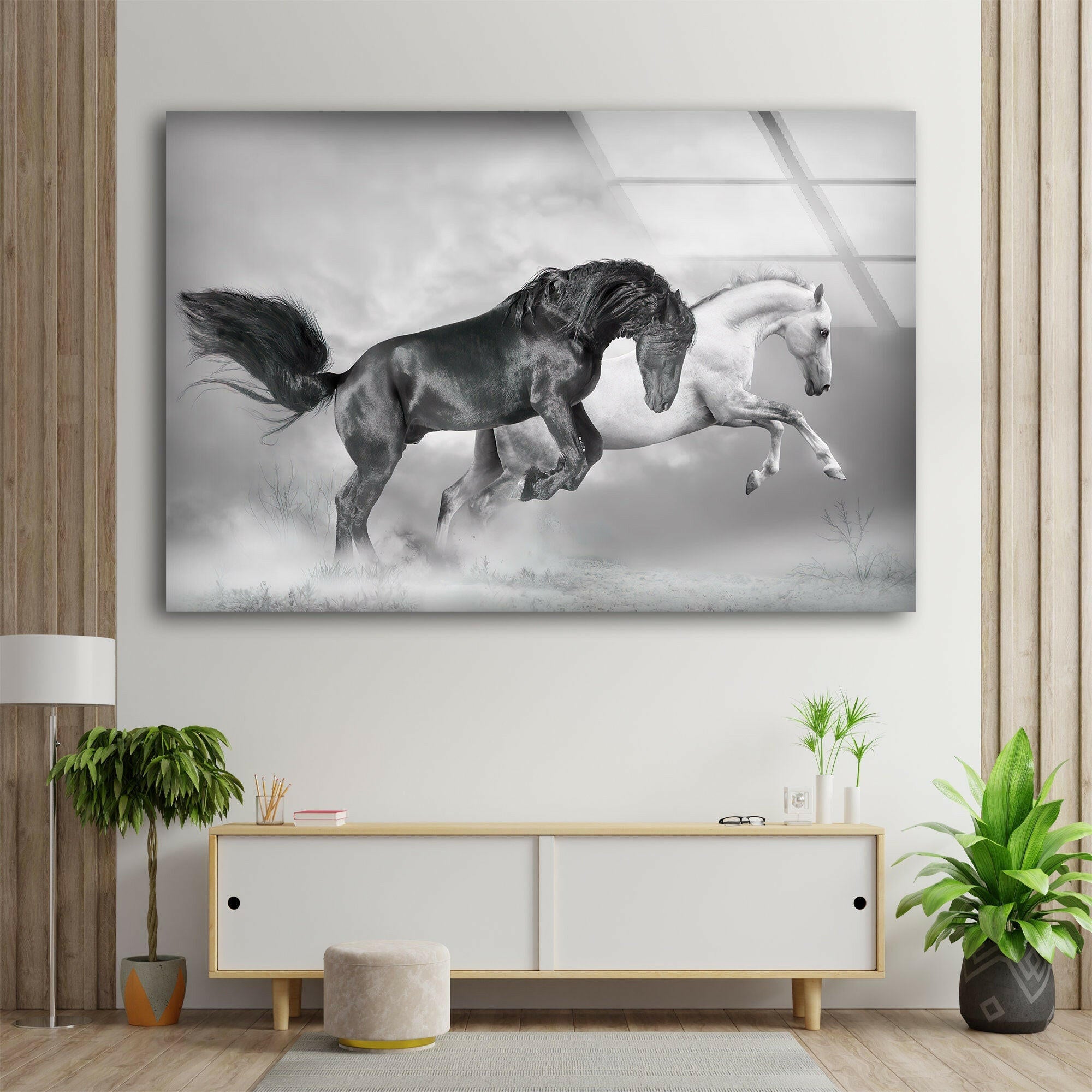 Black & White Wild Horses Running Glass Wall Art - Elegant Home Decor for Living Room, Bedroom & Office - Perfect Modern Art Gift for Horse Lovers