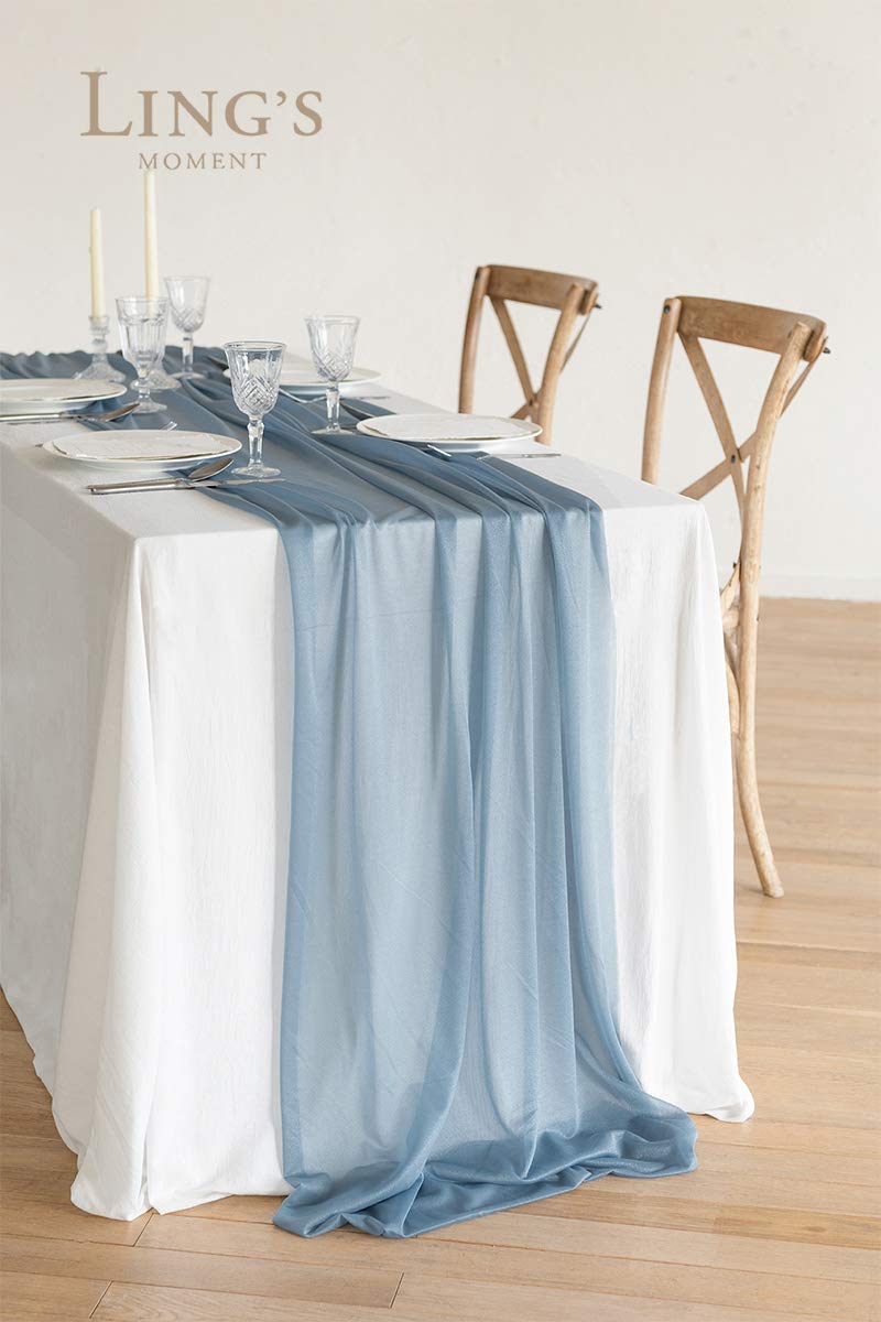 Ling's Moment 14Ft Dusty Blue Sheer Chiffon Table Runner with Silver Sparkle - Elegant Wedding Decor for Rustic, Boho Weddings, Bridal Showers & Birthday Parties - Perfect for Table Settings, Centerpieces & Special Event Decorations
