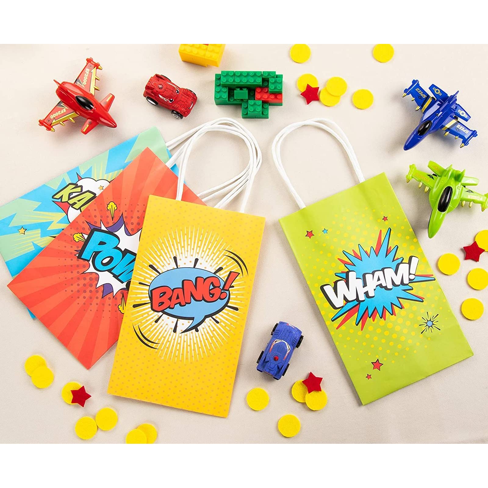 Juvale 12-Pack Comic Book Hero Party Favor Gift Bags with Handles - 4 Vibrant Colors for Birthday Parties, Superhero Themed Events & Kids' Celebrations