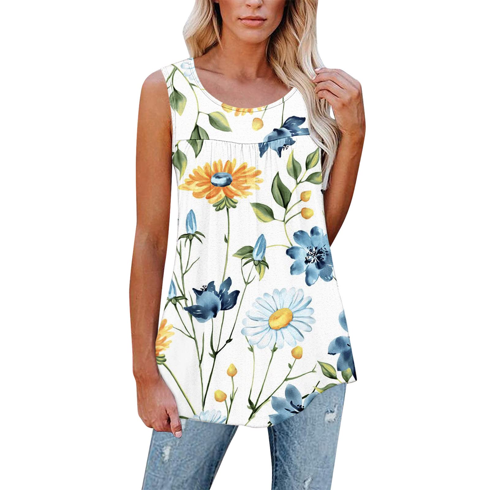 Women's Floral Sleeveless Tank Tops - Loose Fit Pleated Flowy Tunic Shirts for Summer | Casual Wear, Beach Outfits & Vacation Essentials