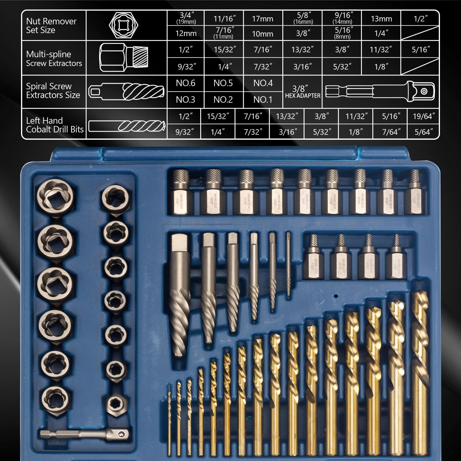 MABLEVI 49 Pcs Screw Extractor Bolt Extractor Set - Left Hand Drill Bit & Multi-Spline Stripped Bolt Remover for Broken, Rusted Nuts, Bolts, Screws - Ideal for Automotive, Machinery, and DIY Repairs