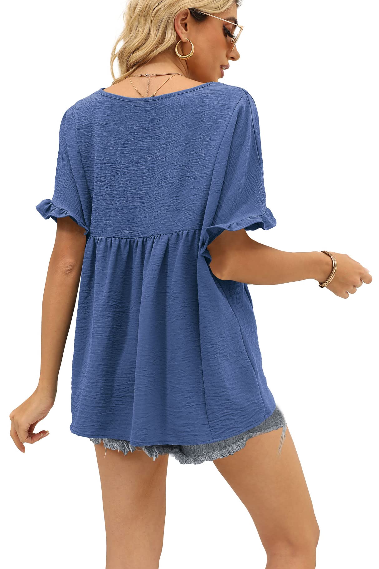 WIHOLL Women's Casual V-Neck Ruffle Sleeve T-Shirt - Loose Fit Babydoll Peplum Top for Everyday Wear & Summer Outfits
