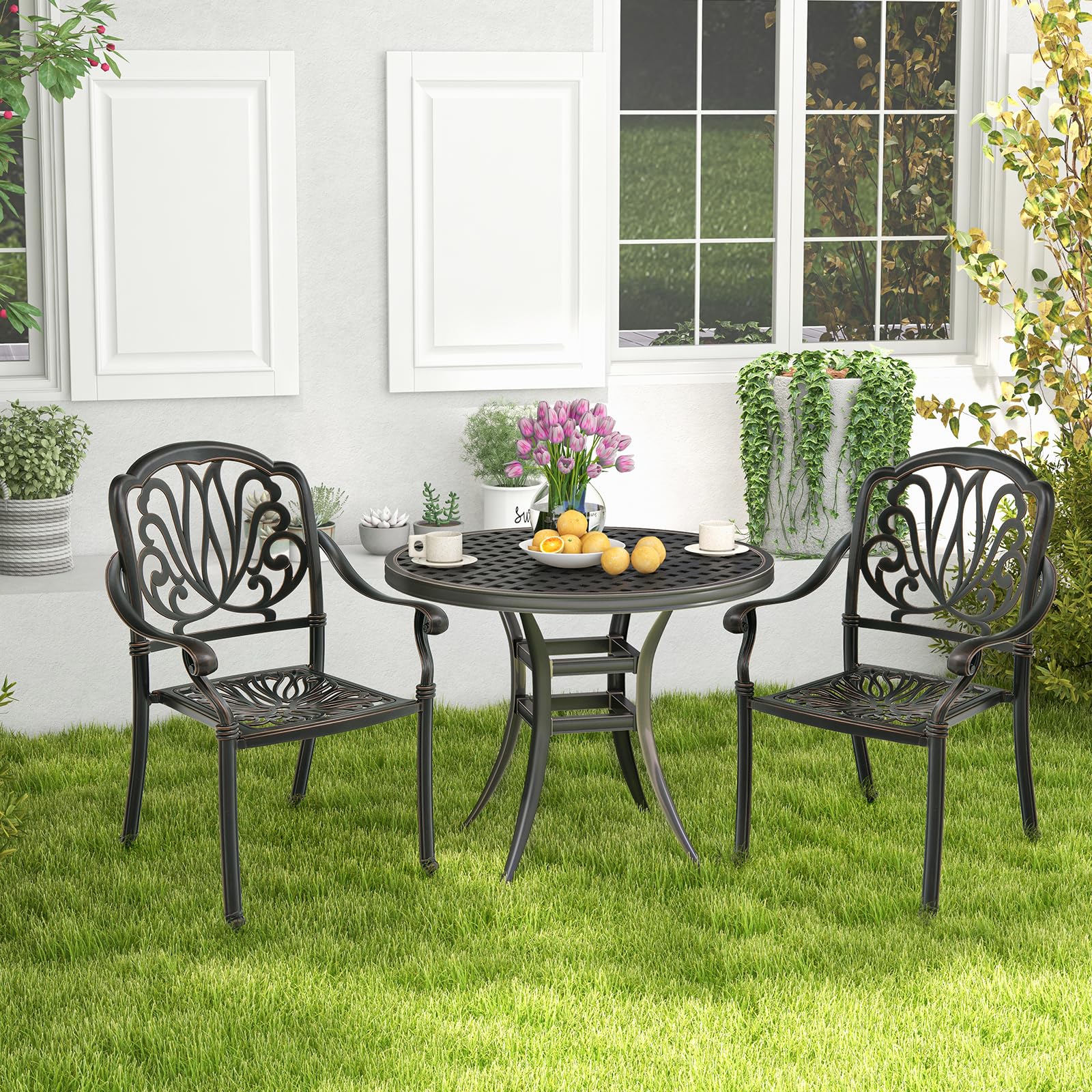 Tangkula Set of 2 Stackable Cast Aluminum Patio Dining Chairs with Armrests - Bronze Outdoor Bistro Chairs for Balcony, Backyard, Garden - Perfect for Outdoor Dining, Lounging & Entertaining
