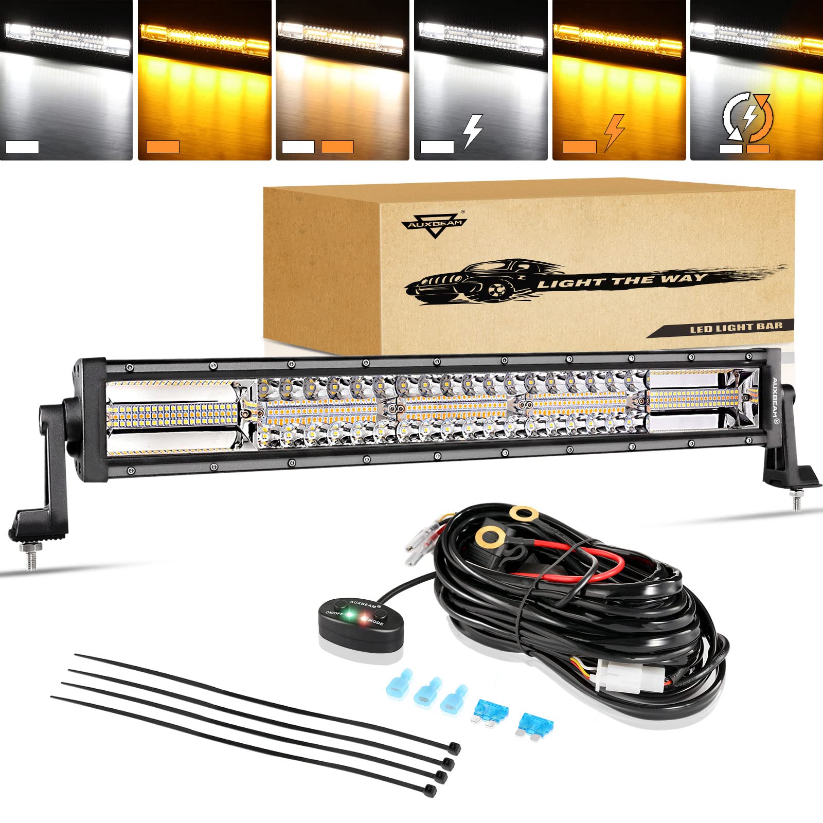 Auxbeam 22 Inch 120W LED Light Bar - 6 Modes Amber/White Strobe, Dual Color Flood Spot Combo Fog Light with 10FT Wiring Harness - Perfect for Off-Road Driving, Work Lights on Trucks, Boats, Tractors, ATVs, UTVs, Jeeps & Pickups