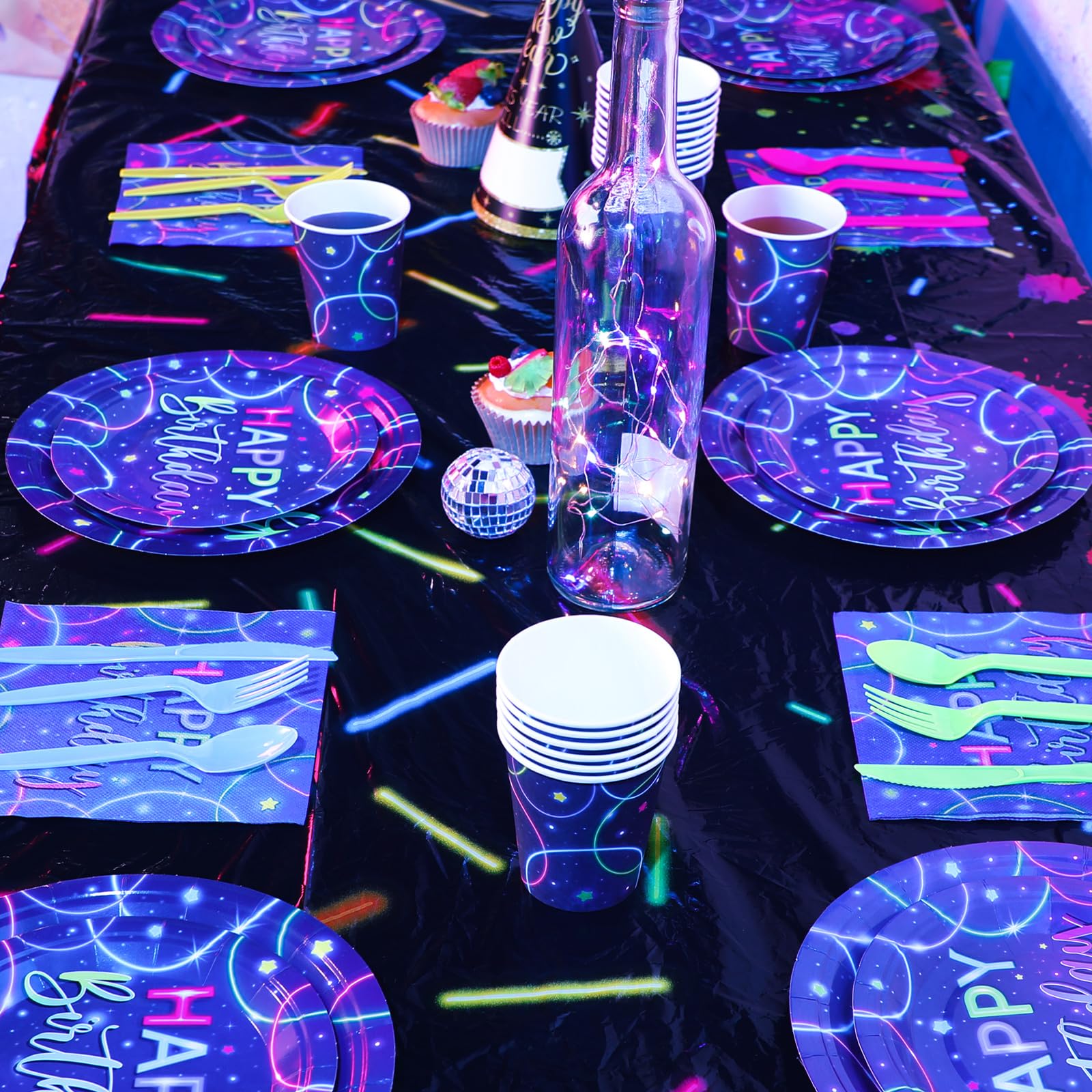 Meanplan Neon Happy Birthday Party Plates & Napkins Set - 168 Pcs Glow in the Dark Tableware for Kids (24 Guests) with Cups, Utensils & Decorations - Perfect for Glow Themed Birthday Parties & Nighttime Celebrations