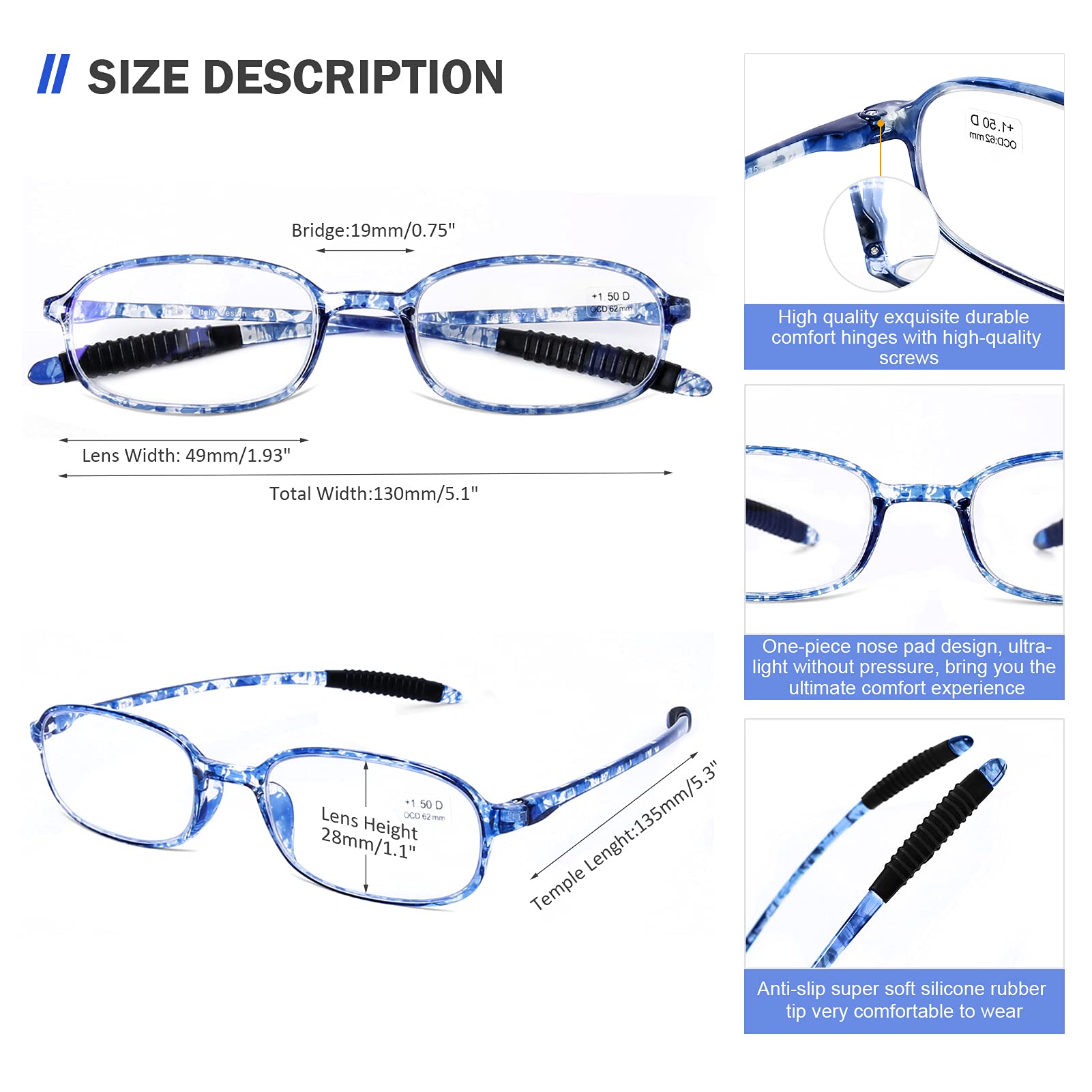 AQWANO 4 Pack Blue Light Blocking Reading Glasses for Women & Men, TR90 Flexible Frame, UV Protection, +1.5 Magnification - Perfect for Computer Work, Reading, and Screen Time
