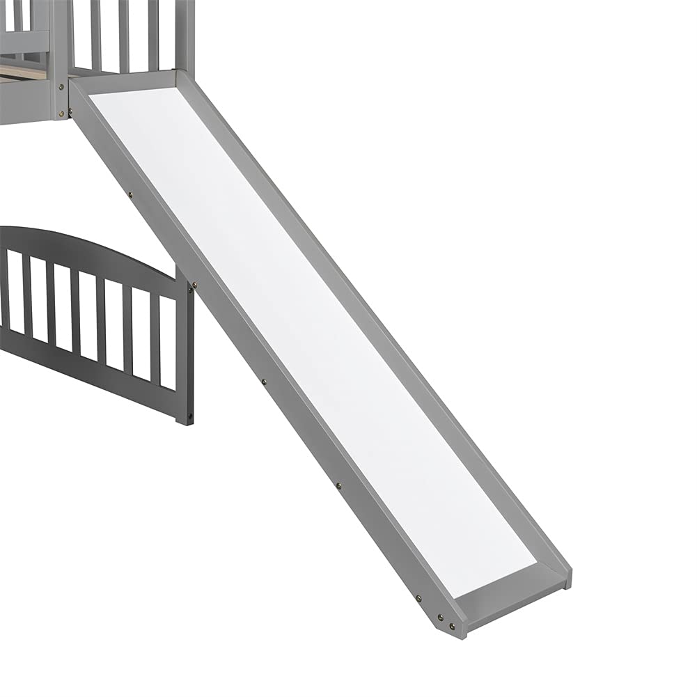 Kids Twin Loft Bed with Slide & Ladder - Low Profile Wooden Mini Loft Bed for Small Spaces, No Box Spring Needed (Gray) | Perfect for Small Bedrooms, Playrooms & Kids' Sleepovers