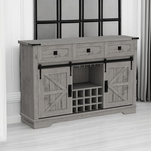 Farmhouse Wine Bar Cabinet with Sliding Barn Door - 54 Inch Rustic Kitchen Coffee Bar with Wine Rack, Glass Storage, 3 Drawers & Shelves - Light Oak Buffet Sideboard for Dining Room, Living Room & Home Entertaining