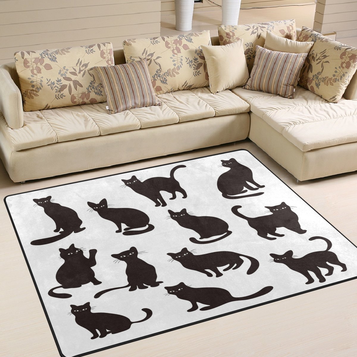 ALAZA Black Cute Cartoon Cat Silhouette Area Rug - 7' x 5' Soft Non-Slip Floor Mat for Living Room, Bedroom, Nursery | Perfect for Home Decor, Pet Lovers & Cozy Spaces
