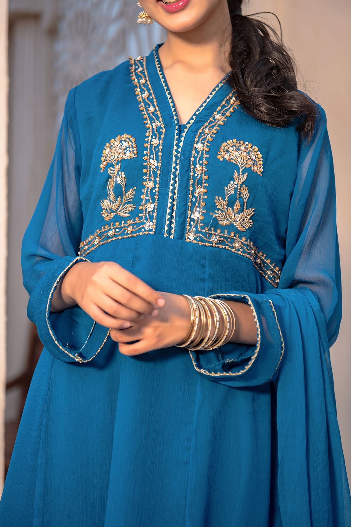 Elegant Chiffon Hand Embroidered Blue Tea Dress with Ochre Stitching - Perfect for Parties, Weddings & Special Occasions