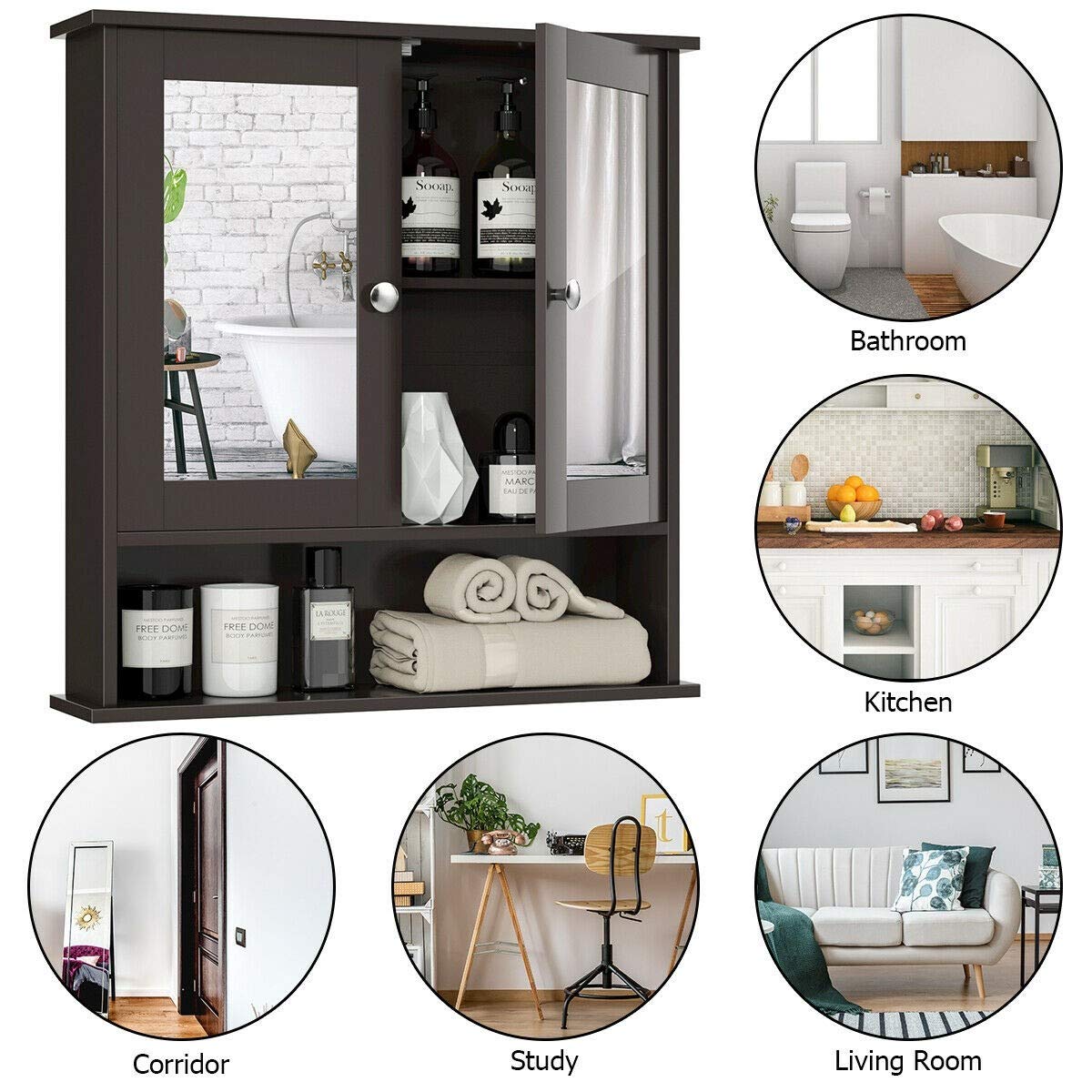 Wooden Mirror Cabinet for Bathroom - Double Door Wall Mounted Storage Organizer with Adjustable Shelves, 22 x 5 x 23 Inches, Brown - Perfect for Small Bathrooms & Vanity Organization