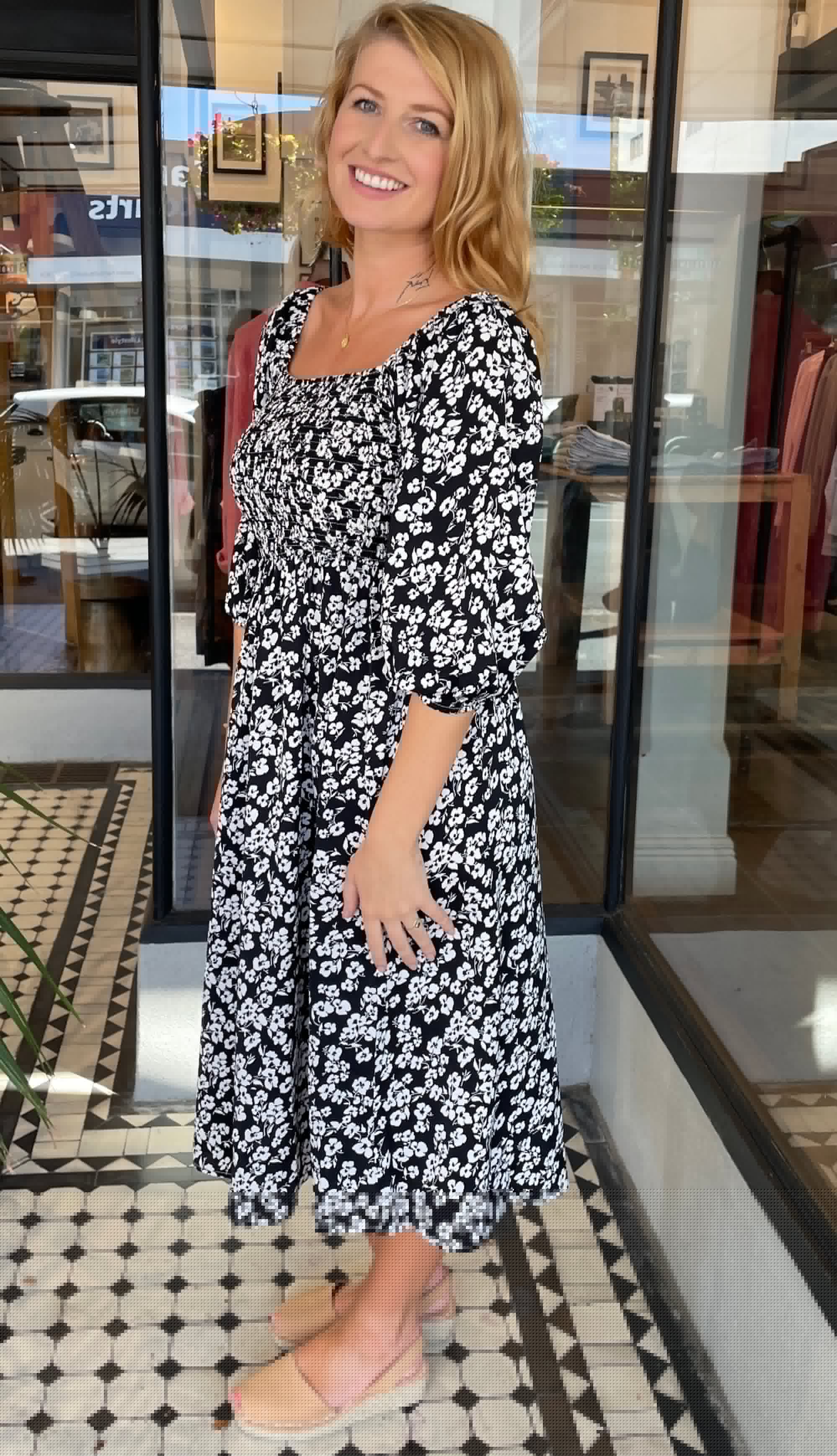 Tish Smocked Bodice Dress for Women - Elegant Black Floral Summer Dress for Weddings, Parties & Special Occasions