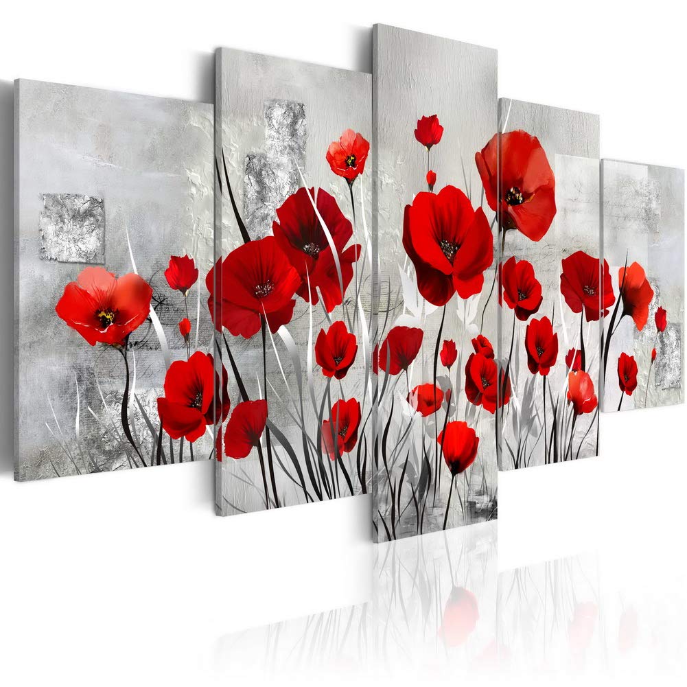 5 Panels Red Flower Painting Modern Canvas Wall Art - Abstract Contemporary Framed Wall Decor - Ready to Hang for Living Room, Bedroom, Office Decoration