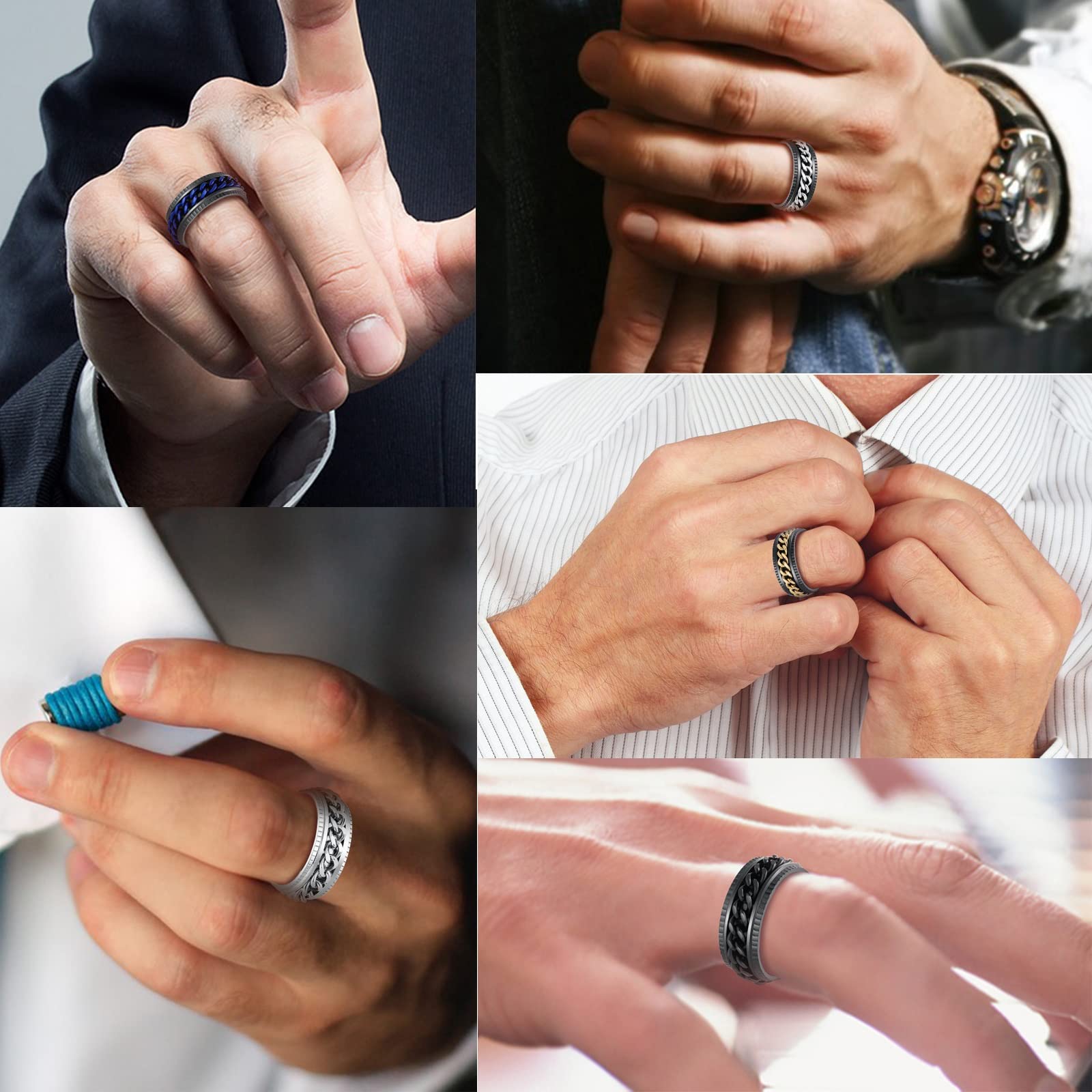 **Anxiety Relief Fidget Rings for Women & Men - 8MM Stainless Steel Intertwined Curb Chain Rings Set (5pcs) - Stress Relief Therapy Jewelry in Silver/Gold/Black/Blue - Sizes 6-13 - Perfect for ADHD, Anxiety, Focus & Office Use**