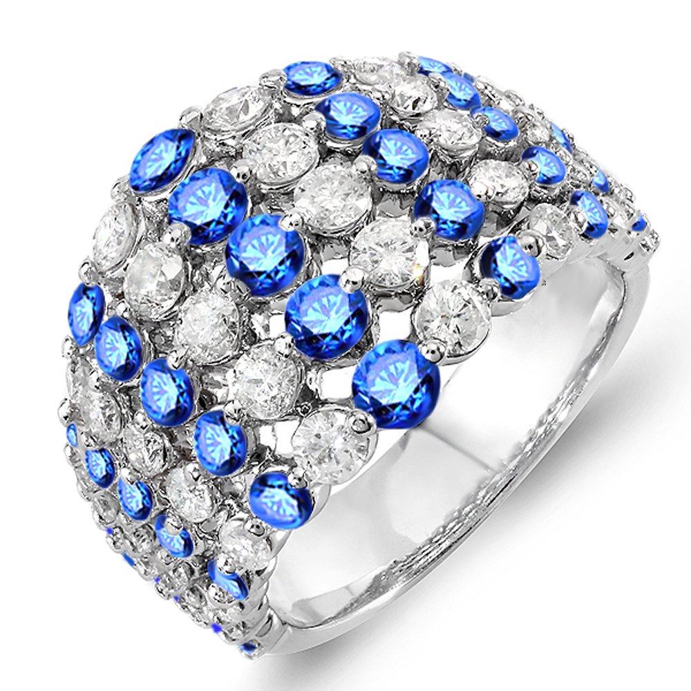 18K Solid White Gold Round Blue Sapphire & White Diamond Women's Cocktail Ring - Elegant Right Hand Ring for Parties, Weddings & Special Occasions | Dazzlingrock Collection
