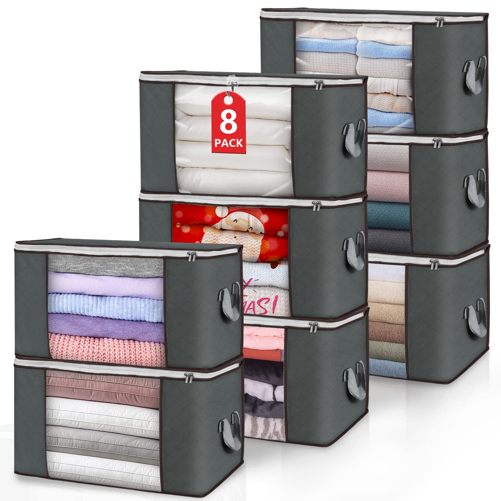 Large Storage Bags 8-Pack - Foldable Closet Organizer Bins with Durable Handles, Thick Fabric Storage Containers for Blankets, Comforters, Clothing & Bedding (90L, Gray) - Perfect for Seasonal Storage, Closet Organization & Home Decluttering
