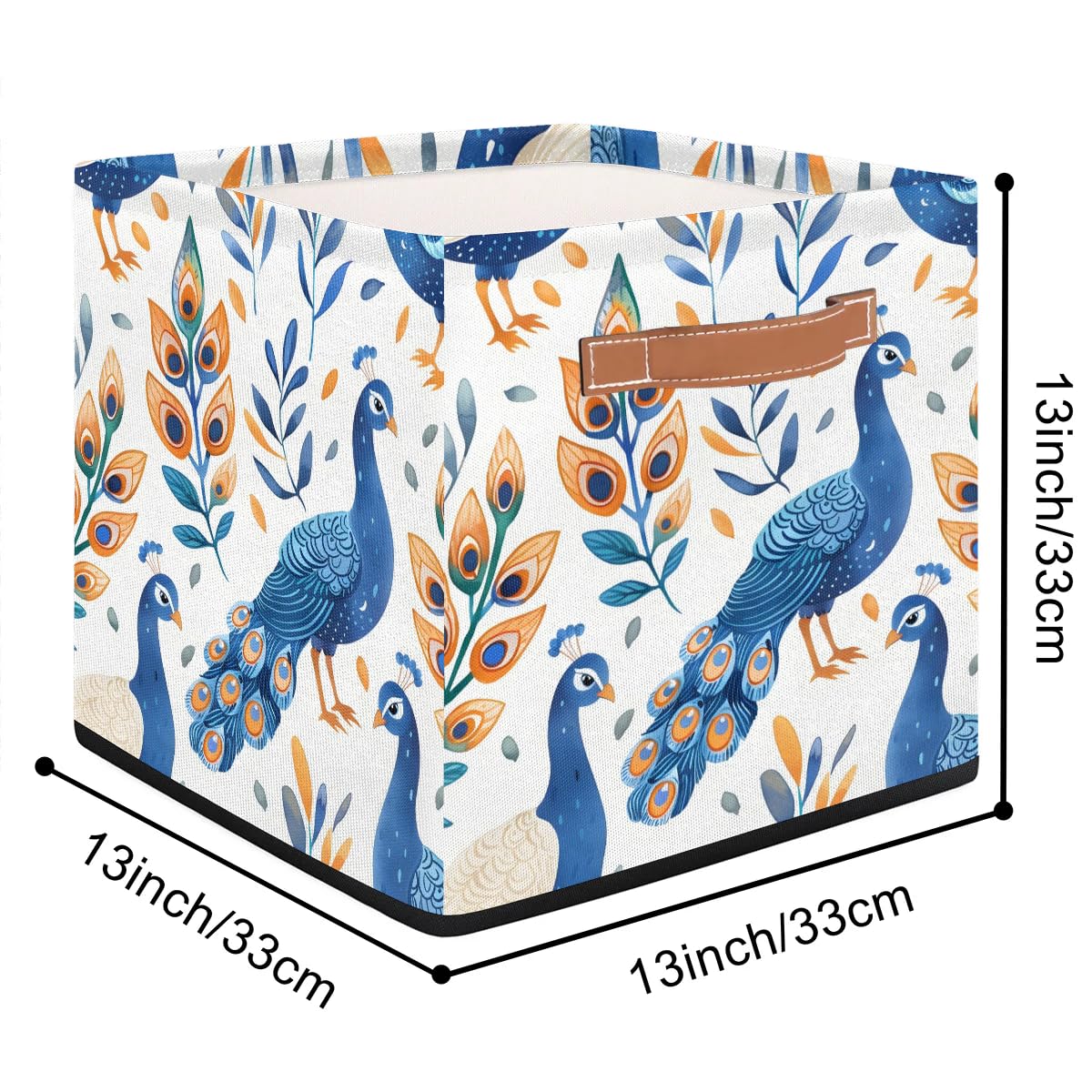 13 Inch Blue Peacock Collapsible Storage Basket with Leather Handle - Foldable Closet Organizer Bin for Bedroom, Bathroom & Nursery - Home Decor Storage Solution for Toys, Blankets & Laundry
