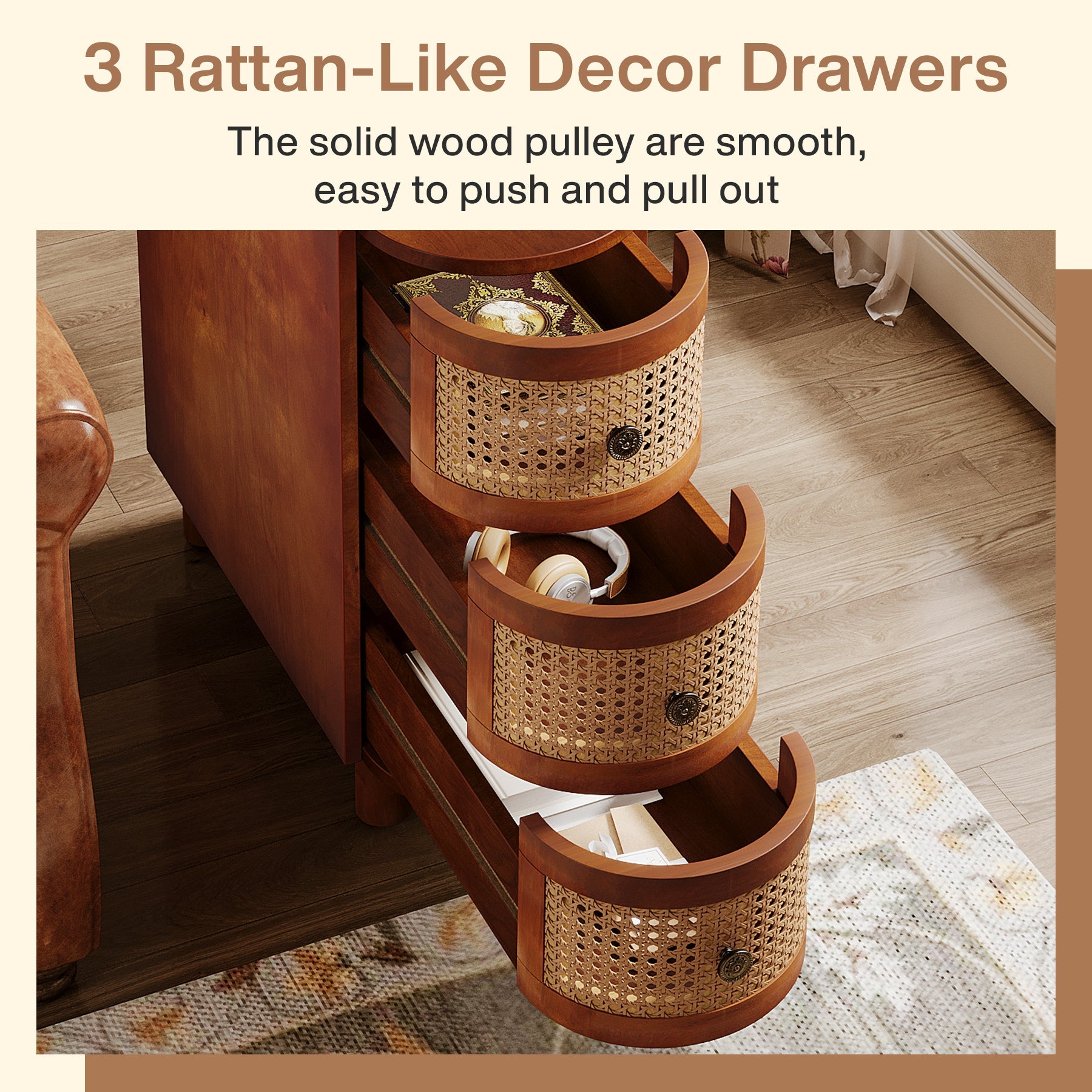 Modern Wooden End Table with 3 Rattan Drawers - Nightstand, Side Table for Bedroom, Living Room | Perfect for Small Spaces, Apartment Decor & Storage Solutions