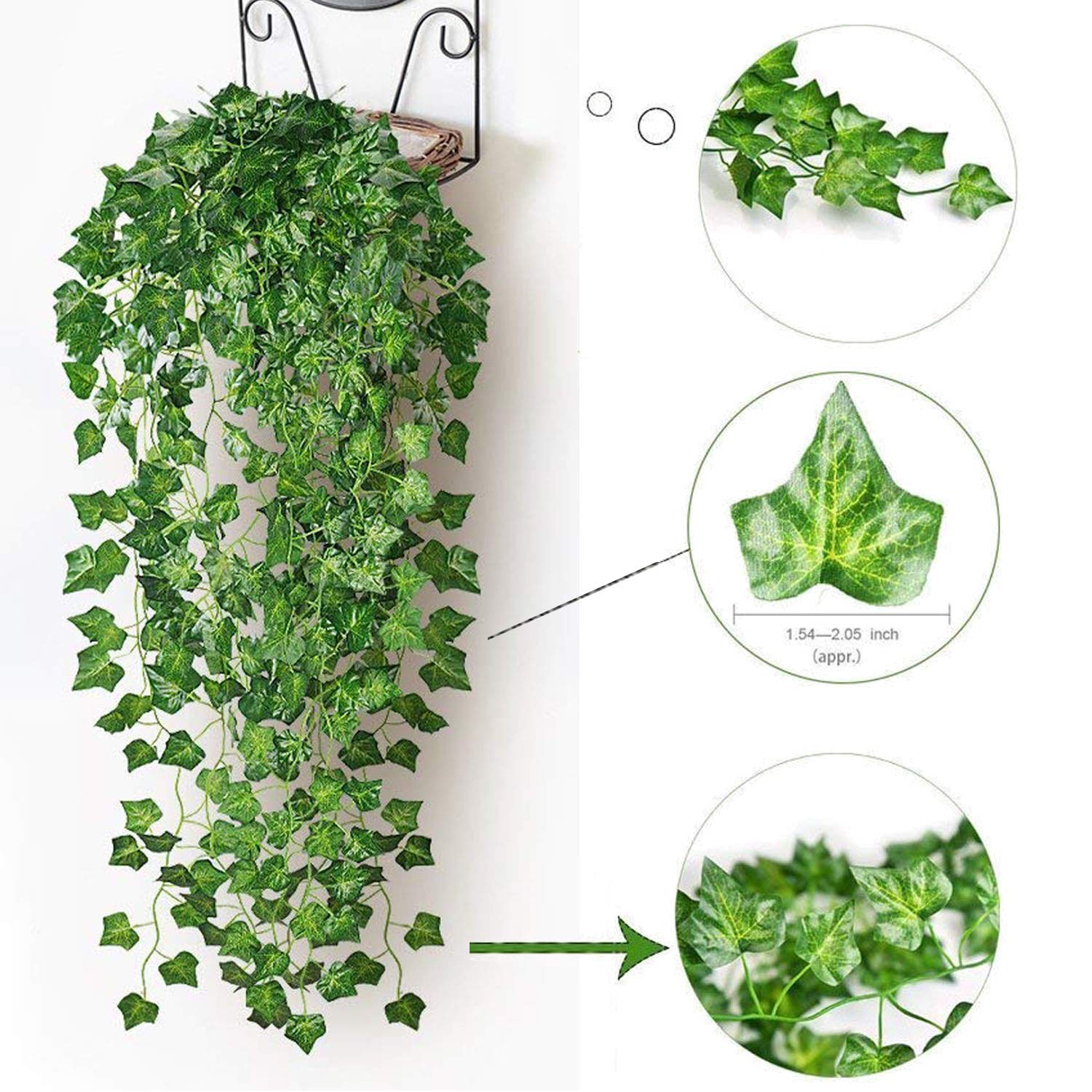 12 Pack Artificial Ivy Garland with Clips - Fake Vines for Room Decor, Green Hanging Plants, Faux Greenery Leaves - Perfect for Bedroom Aesthetic, Home Garden Wall, Wedding & Party Decorations