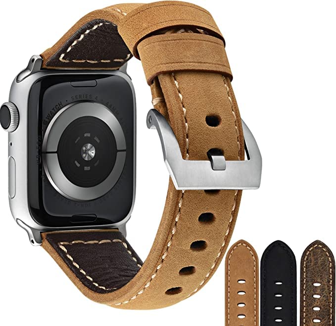 Premium Bullstrap Men's Full-Grain Italian Leather Watch Band - Compatible with Apple Watch Series 1-8 - Durable & Stylish Replacement Strap for Work, Gym & Everyday Wear