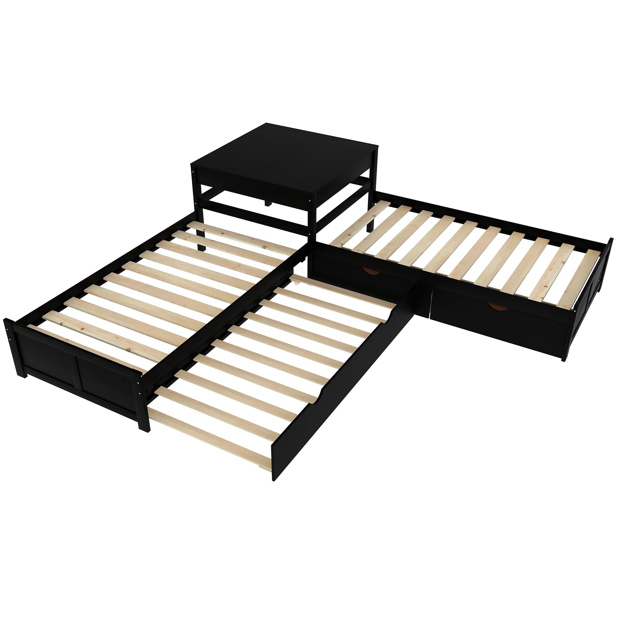 SOFTSEA L-Shaped Corner Beds with Trundle & Storage Drawers - Low Profile Wooden Platform Bed Frame with Built-in Nightstand | Space-Saving Solution for Small Bedrooms & Kids' Rooms