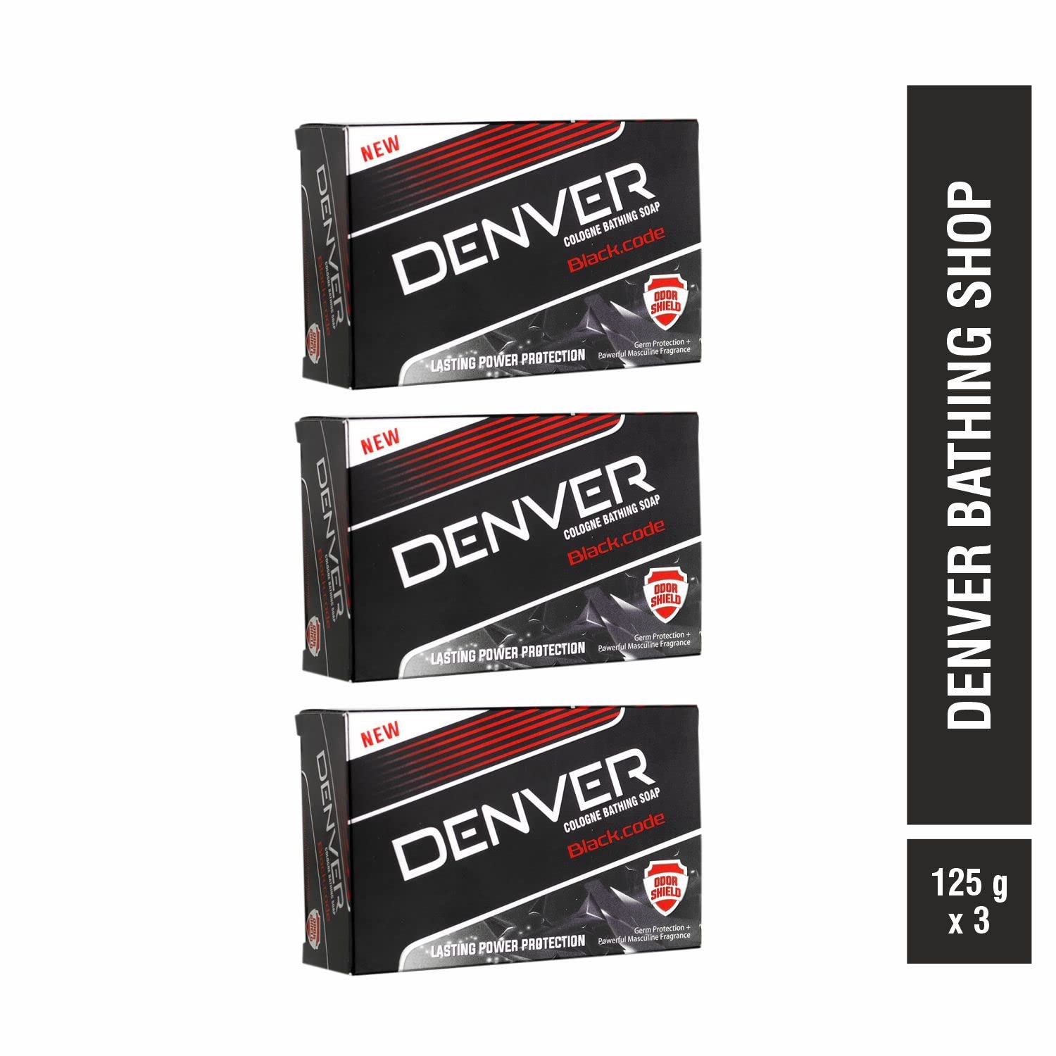 DENVER Black Code Bathing Soap for Men - 125GM Each (Pack of 3) | Long-Lasting Fragrance, Moisturizing & Refreshing | Perfect for Gym, Travel & Daily Shower