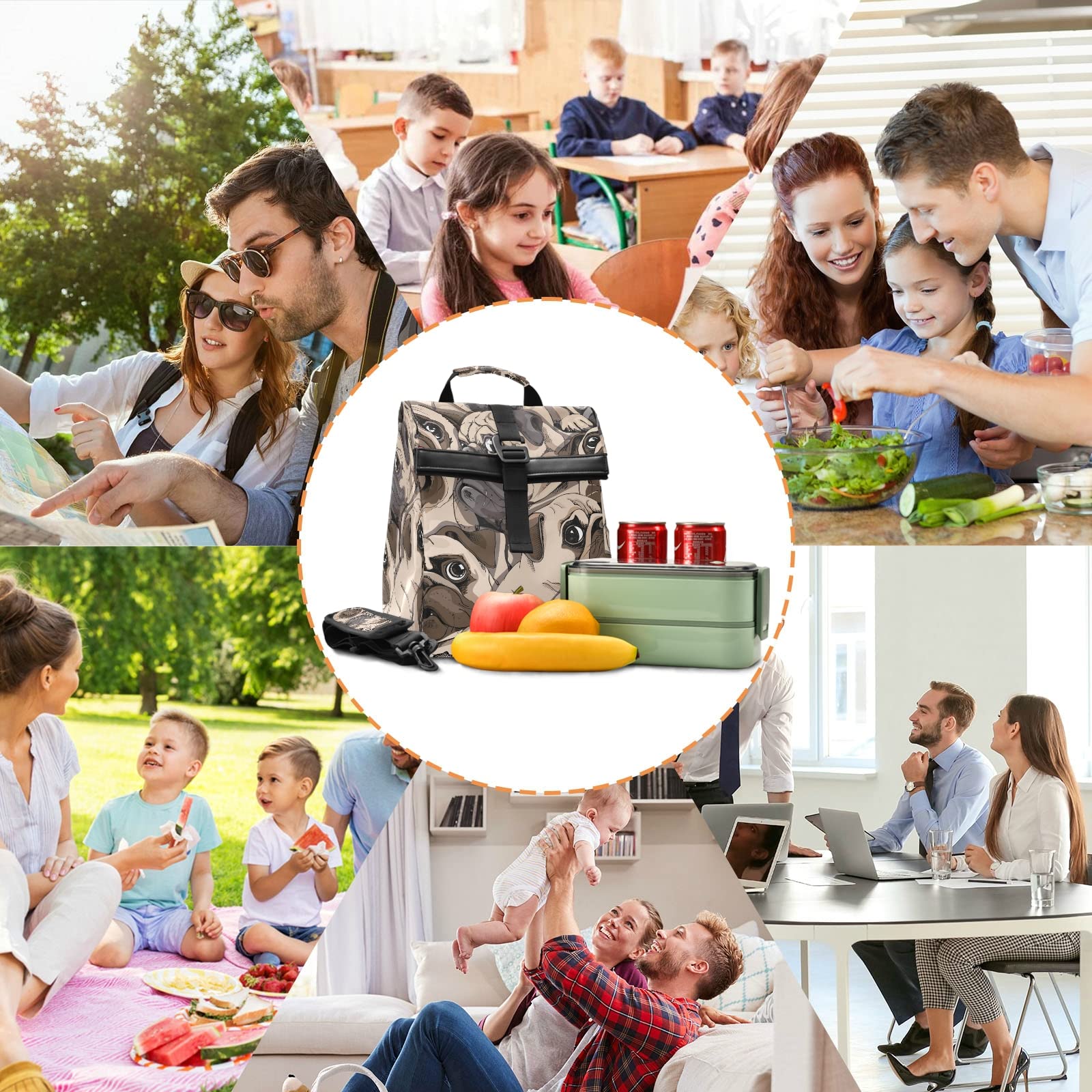 Portrait Pugs Insulated Lunch Bag for Women & Men - Leakproof Foldable Cooler Tote with Adjustable Shoulder Strap - Perfect for Beach, Camping, Hiking, Work & School Lunch Storage