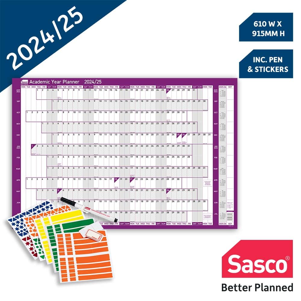 Sasco 2024-2025 Academic Year Wall Planner - August to July Dry Erase Calendar for School, University & Office - 36