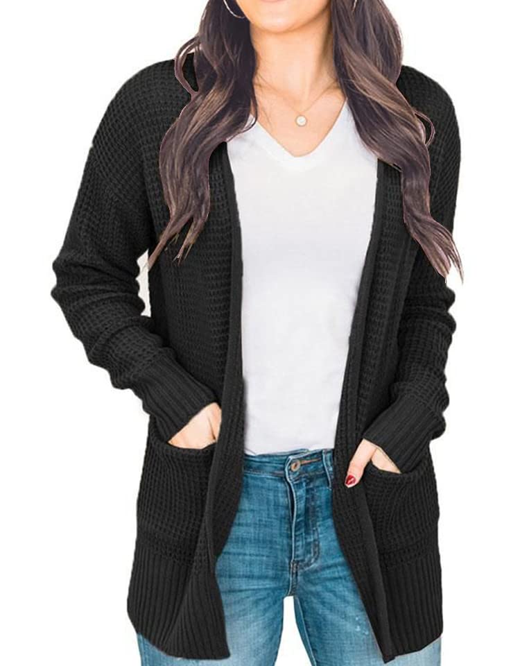 IWOLLENCE Women's Lightweight Waffle Knit Cardigan Sweater - Open Front Long Sleeve Soft Pullover with Pockets | Casual Loungewear, Office Wear & Fall Layering Essential
