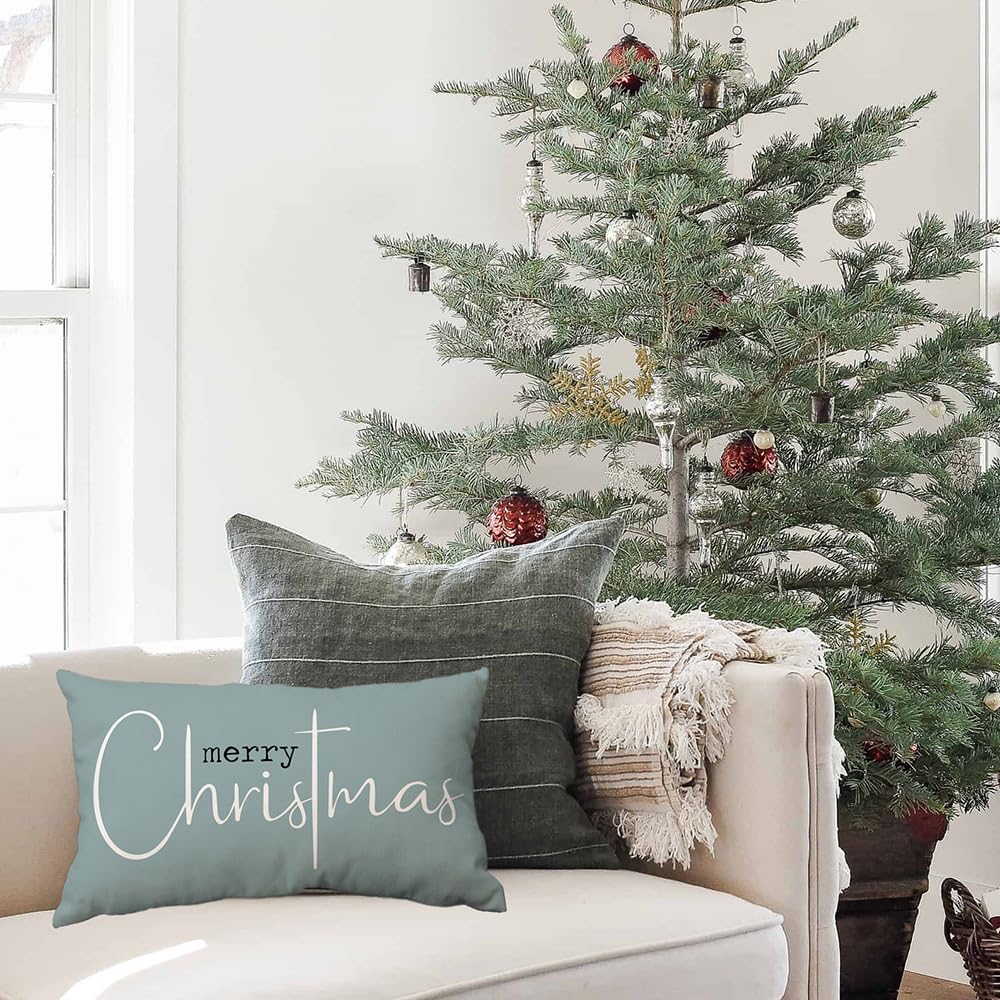 Merry Christmas Pillow Covers - 12x20 Inch Decorative Throw Pillow Covers for Sofa, Cotton Linen Blend, Beige Holiday Home Decor - Perfect for Living Room, Bedroom & Christmas Party Decorations