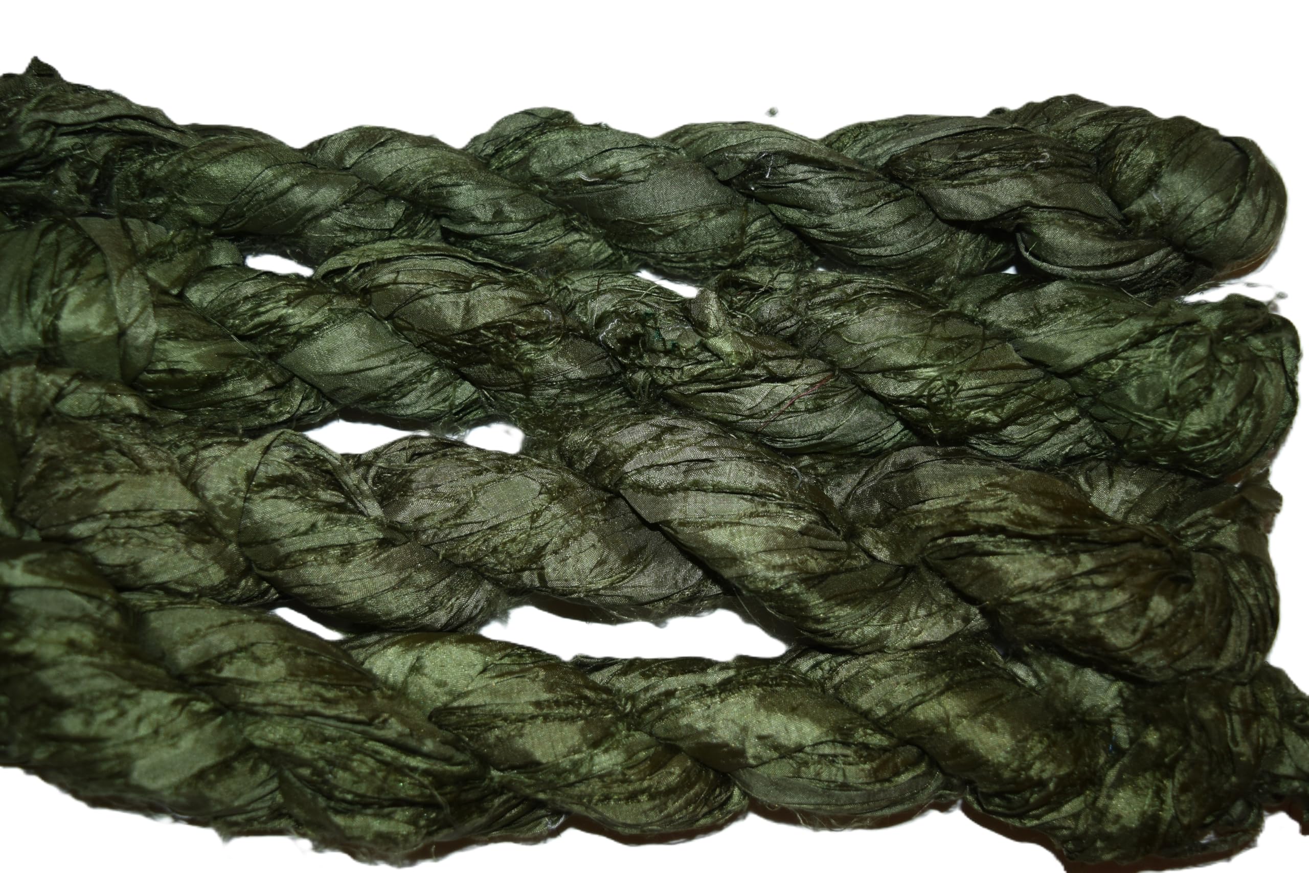 100% Pure Silk Sari Ribbon Yarn - Dark Green for Knitting, Crochet & DIY Crafts | Premium Handmade Silk Thread for Scarves, Shawls & Home Decor