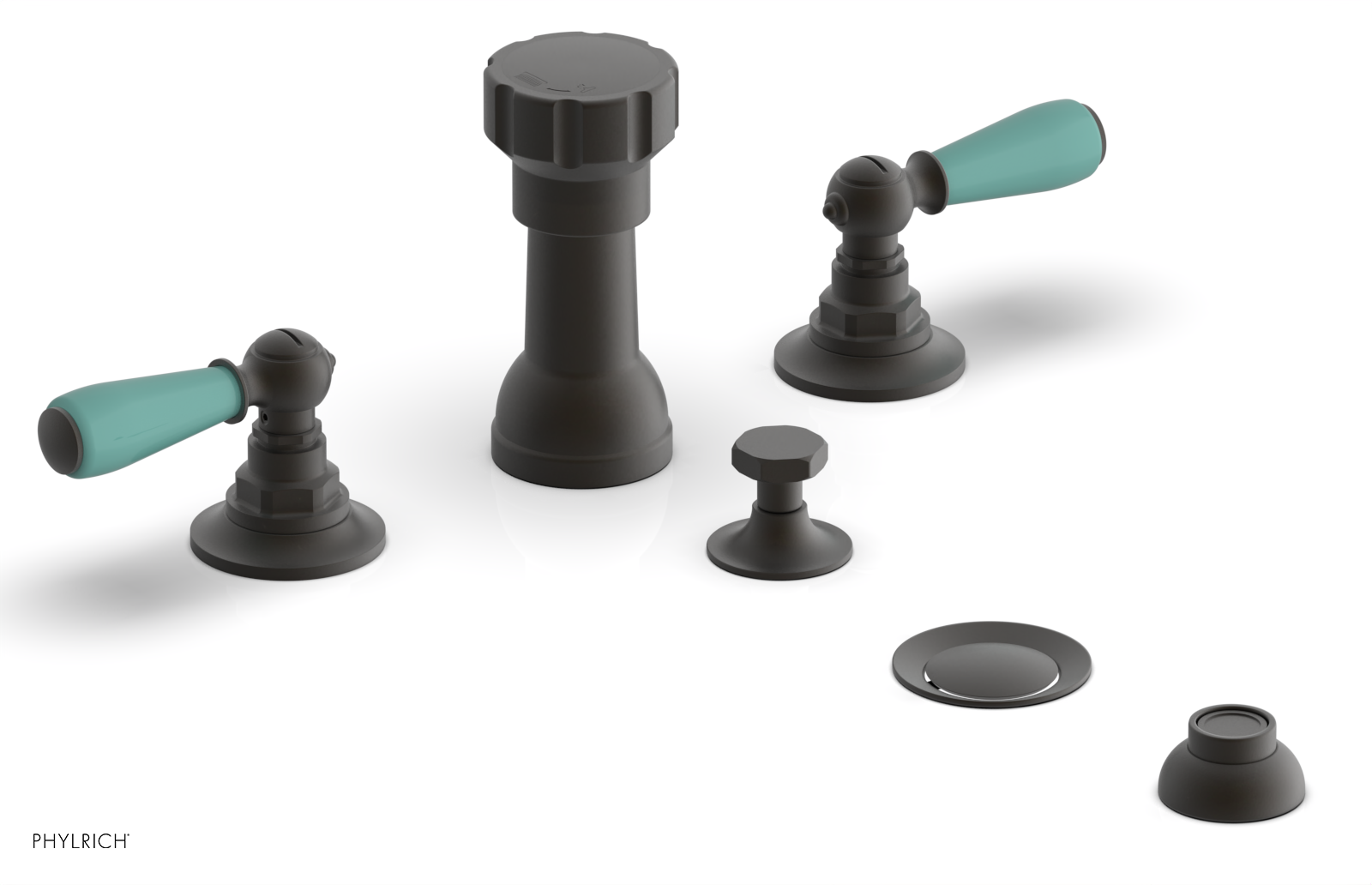 Jamestown Four-Hole Bidet Faucet Set with Lever Handles & Turquoise Accents - 165 61 - Perfect for Modern Bathroom Renovations and Luxury Home Upgrades