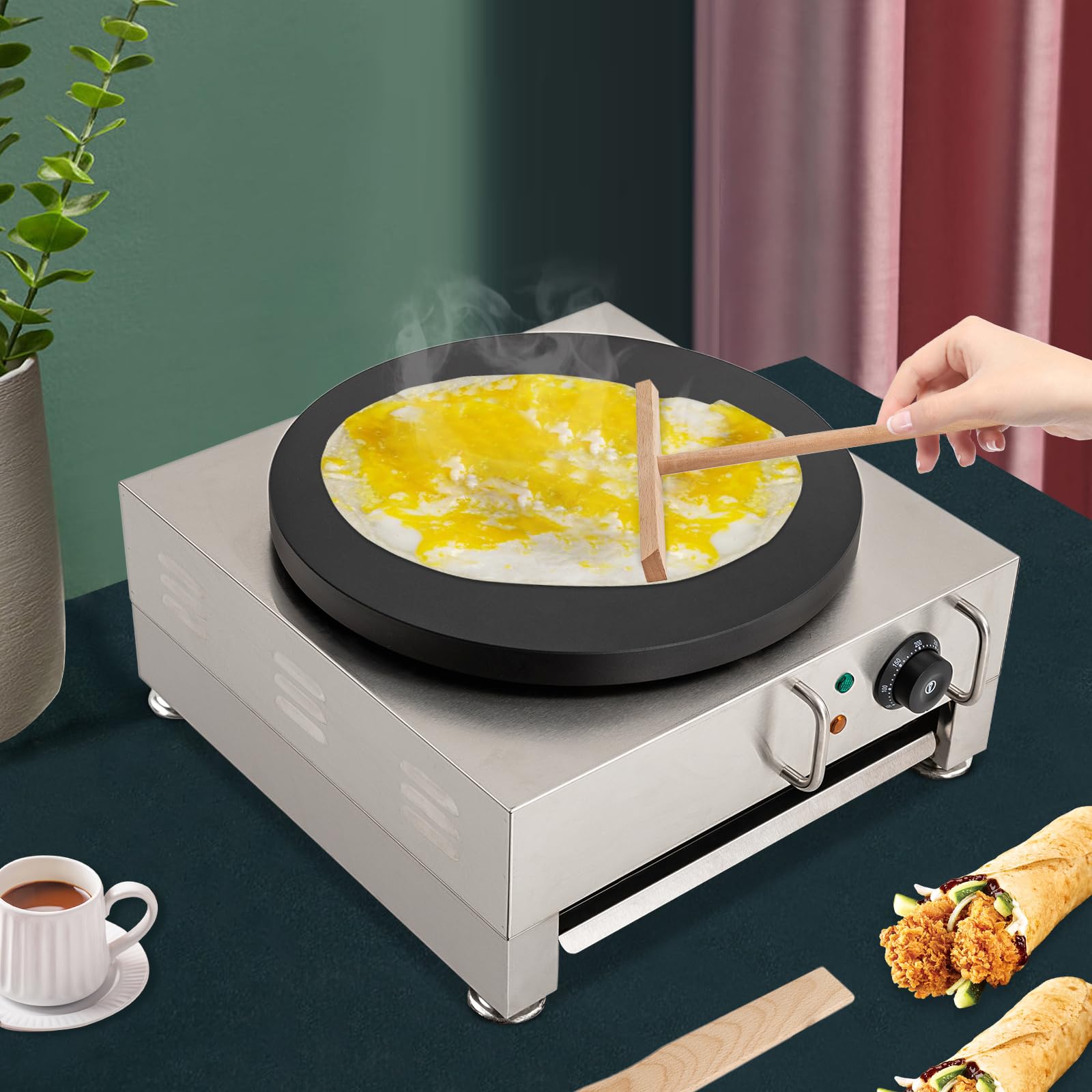 Commercial Electric Crepe Maker Machine - 16 Inch Non-Stick Large Griddle with Adjustable Temperature 50-300°C, 1650W 110V Stainless Steel Pancake Maker - Perfect for Restaurants, Cafes, and Home Breakfast Cooking