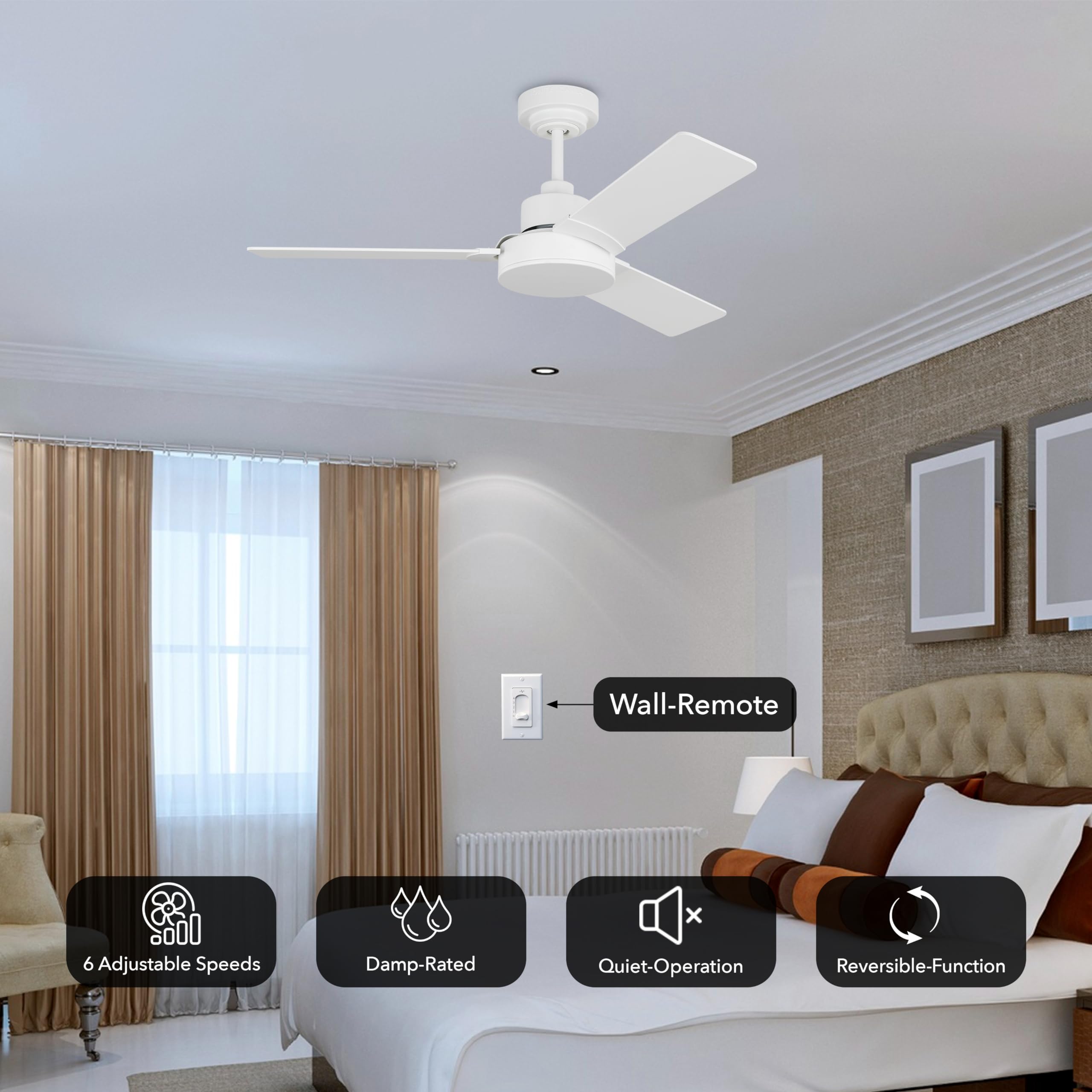 Jovie 52 Inch Modern 3-Blade Ceiling Fan - Matte White Finish - 15.4