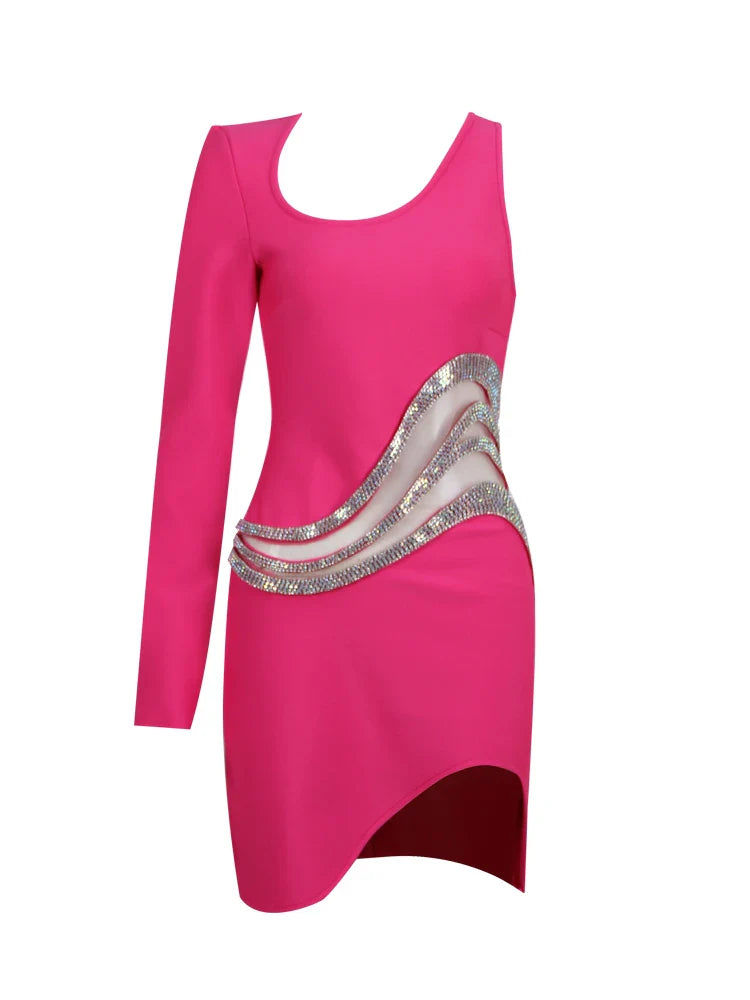 BEVENCCEL Women's One Shoulder Long Sleeve Mesh Patch Diamond Bandage Dress - Elegant Sexy Clubwear for Evening Parties, Night Out, Date Night & Special Occasions