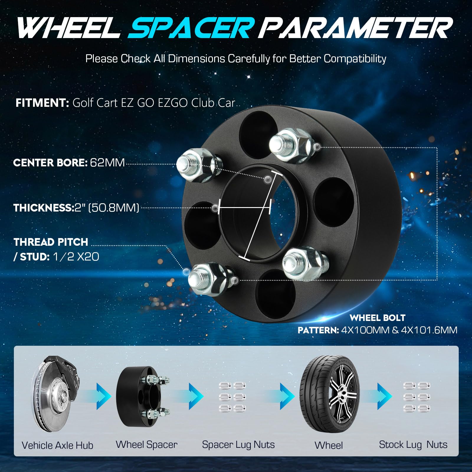 4x100 & 4x101.6mm ATV Wheel Spacers - 2 Inch (50.8mm) Thick 1/2