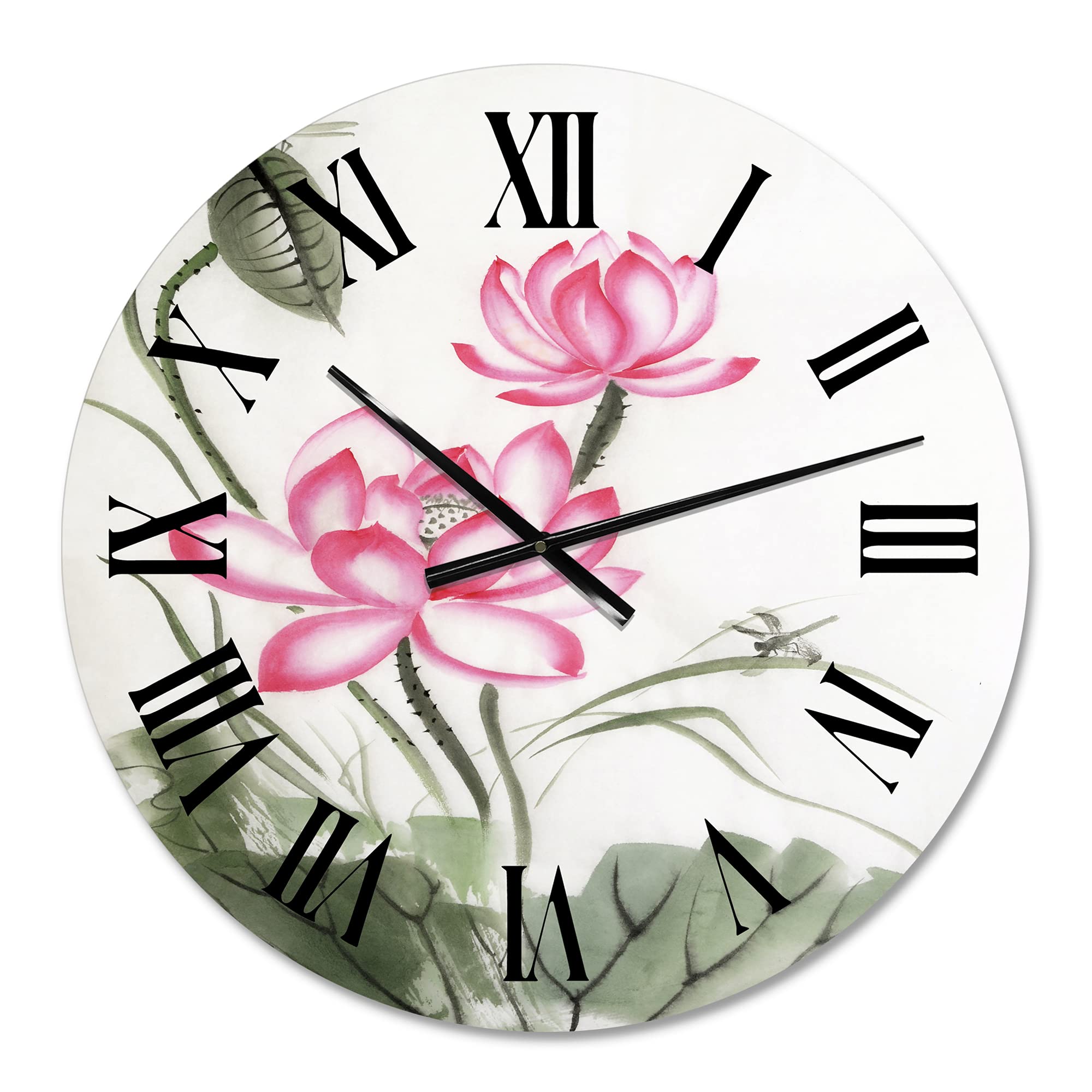 DesignQ Traditional Wall Clock 'Lotus and The Dragonfly I' - Large Floral & Botanical Wall Clock for Kitchen, Living Room, Bedroom Decor - Perfect for Home, Office, and Gift Giving