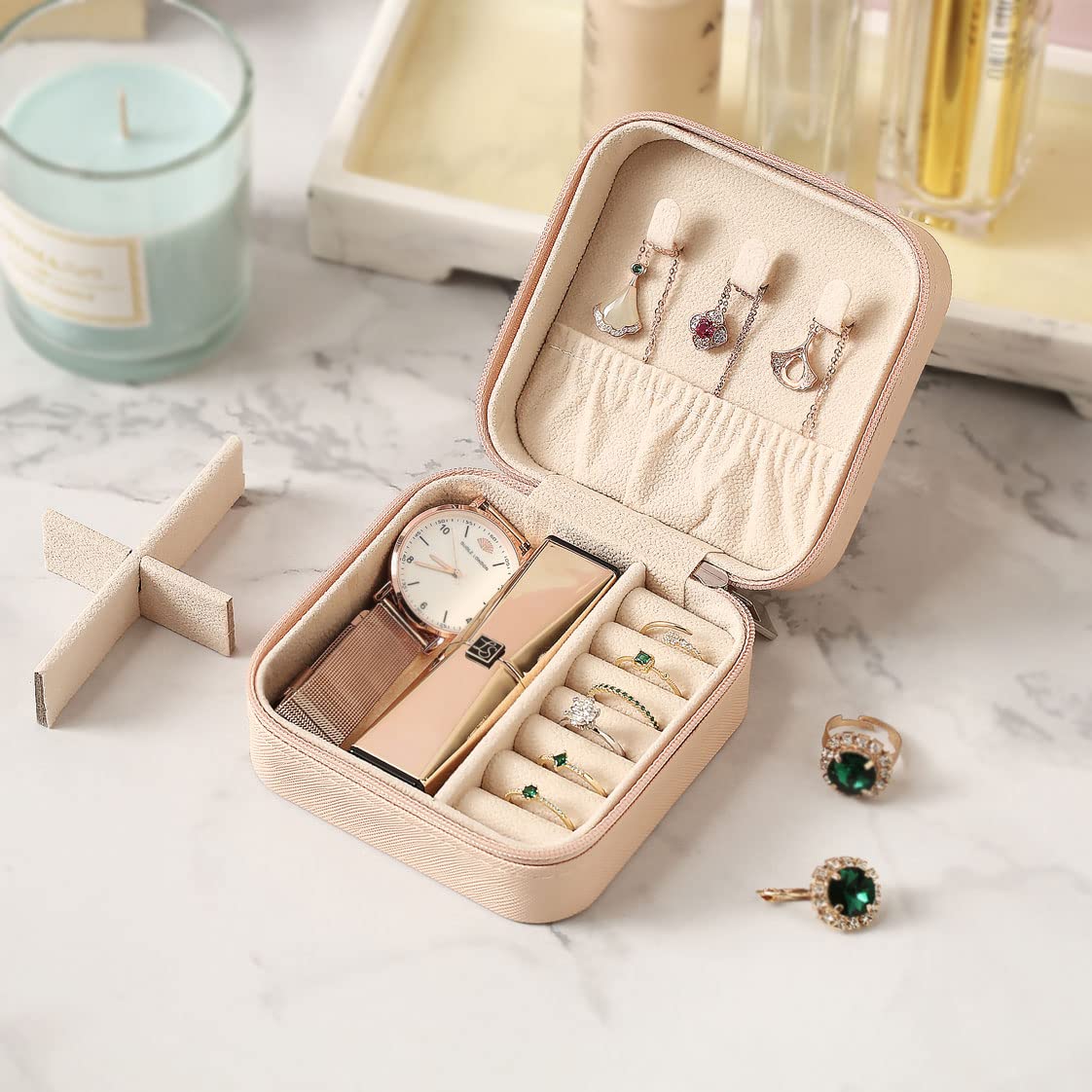 Portable Travel Jewelry Organizer Box - Compact Jewelry Storage Case for Rings, Earrings, Necklaces, Watches & Lipsticks | Pink Mini Jewelry Holder for Women | Perfect for Vacation, Business Trips & Daily Use