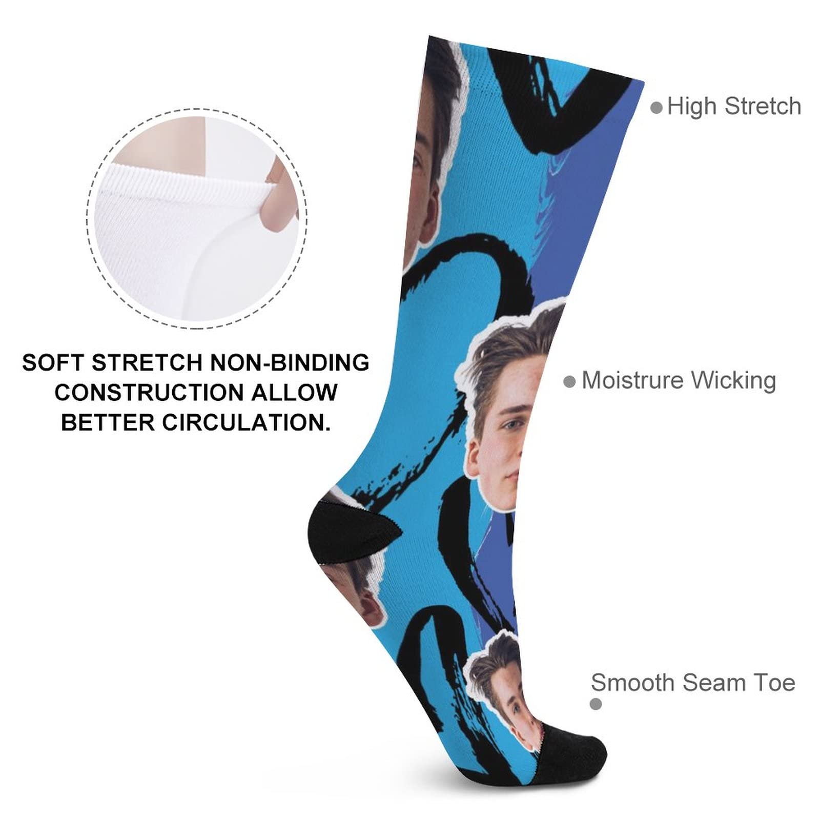 Custom Rainbow Heart Face Crew Socks - 6 Pairs Black Toe Athletic Socks for Men & Women - Breathable Moisture-Wicking All-Season Performance Socks - Perfect for Running, Gym, Sports & Daily Wear