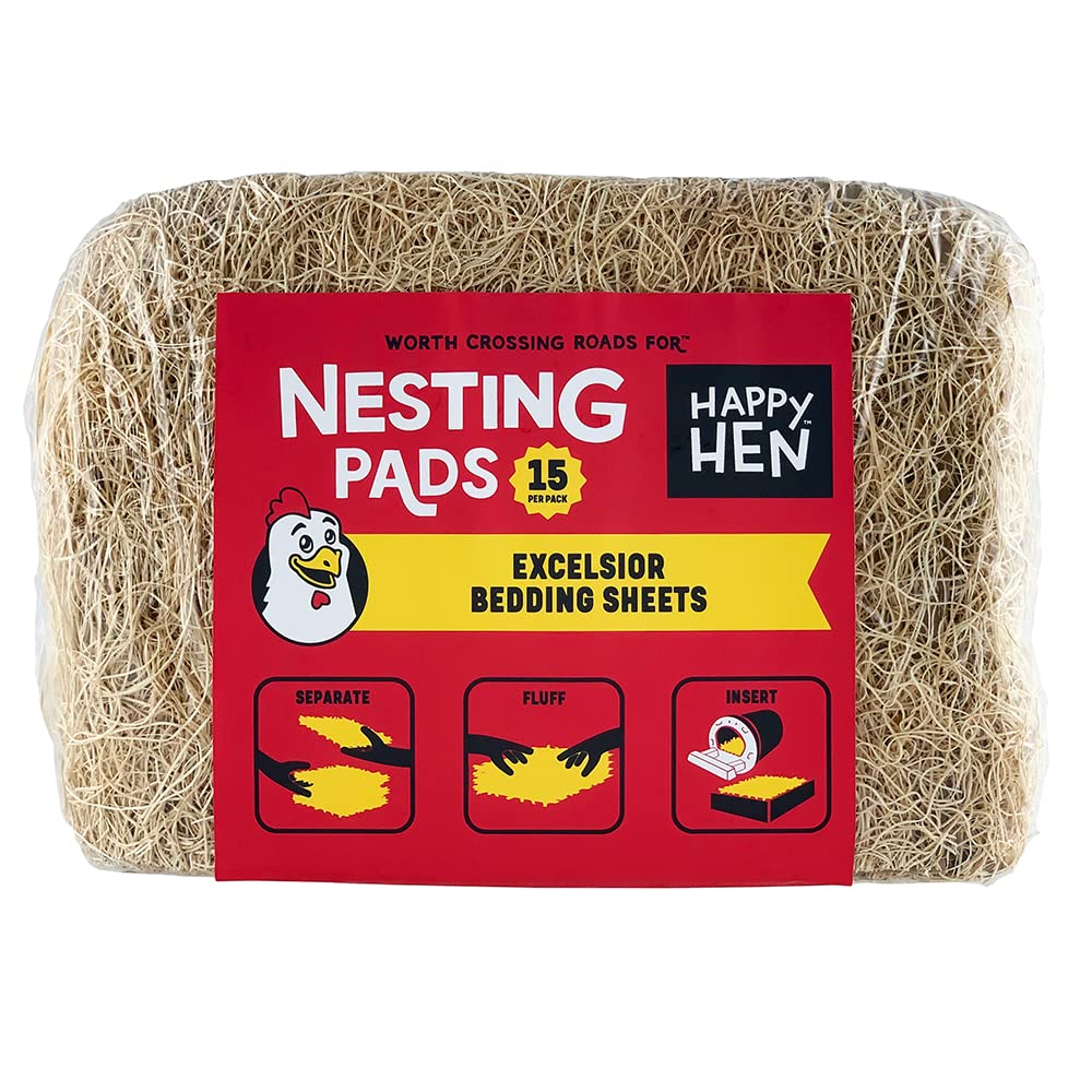 Happy Hen Excelsior Nesting Pads for Chickens - 12x9.5 Inch Chicken Bedding, Pack of 15 - Soft & Absorbent Nesting Material for Coop Comfort, Egg Laying & Poultry Care