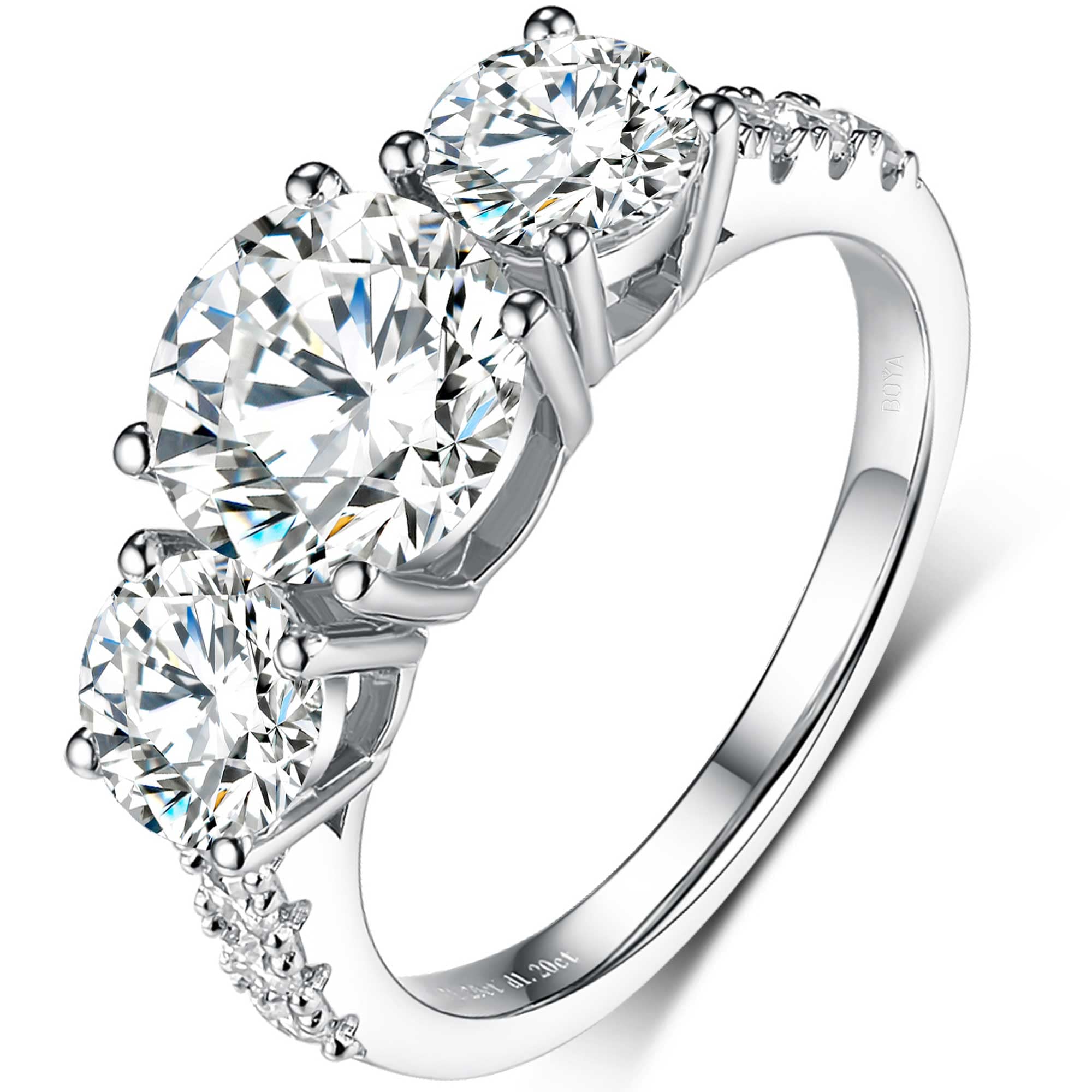 Boya 2.66-3ct Three Stone Moissanite Engagement Ring for Women, 18K White Gold Plated Silver, D Color VVS1 Clarity - Perfect for Wedding, Proposal, Anniversary & Promise Rings - Elegant Jewelry Gift for Her
