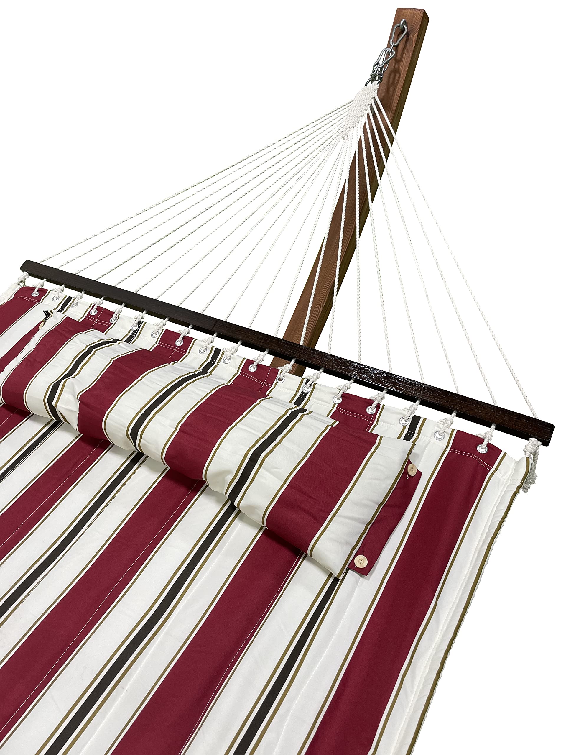 14 Ft. Wooden Arc Hammock Stand with Deluxe Quilted Double Padded Hammock Bed & Pillow - 2 Person Outdoor Hammock 450 LB Capacity (Teak Stain/Elegant Red Stripe) - Perfect for Backyard, Patio, Garden Relaxation & Camping