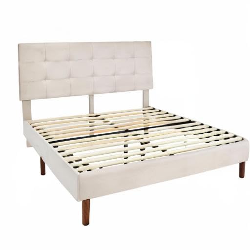 King Size Dark Grey Linen Upholstered Platform Bed Frame with Square Stitch Tufted Headboard & Wooden Slats - Adjustable Height for Modern Bedroom Decor