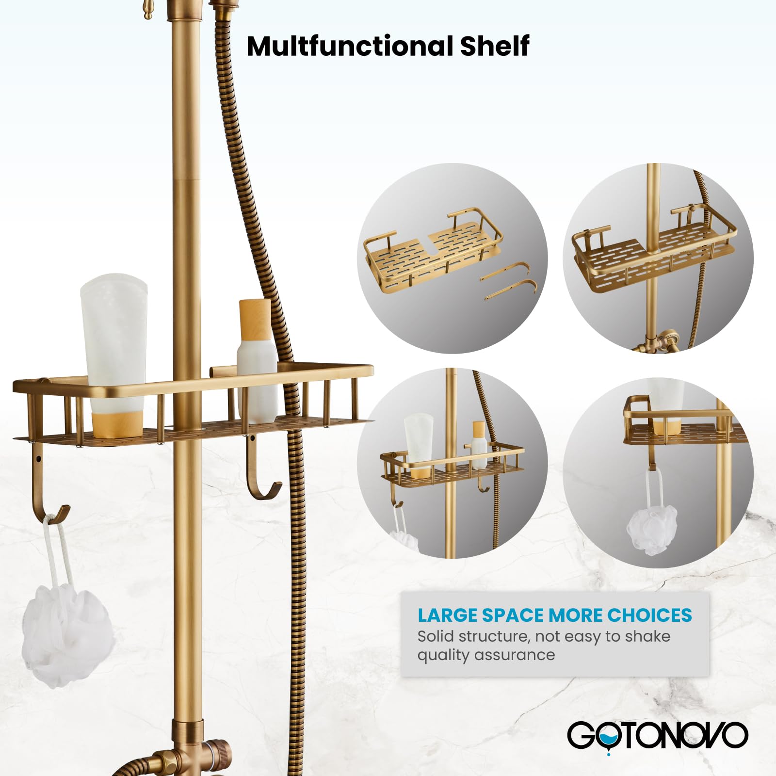Gotonovo 8 Inch Rainfall Shower System - Antique Brass Wall Mounted Tub Shower Faucet Set with Handheld Sprayer, Shower Shelf & Tub Spout | Modern Bathroom Upgrade for Spa-Like Experience
